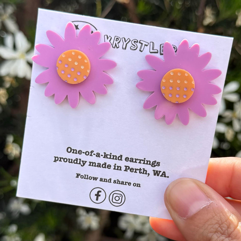 Purple and orange stacked sunflower stud statement earrings, teacher dangles, big large earrings, acrylic earrings