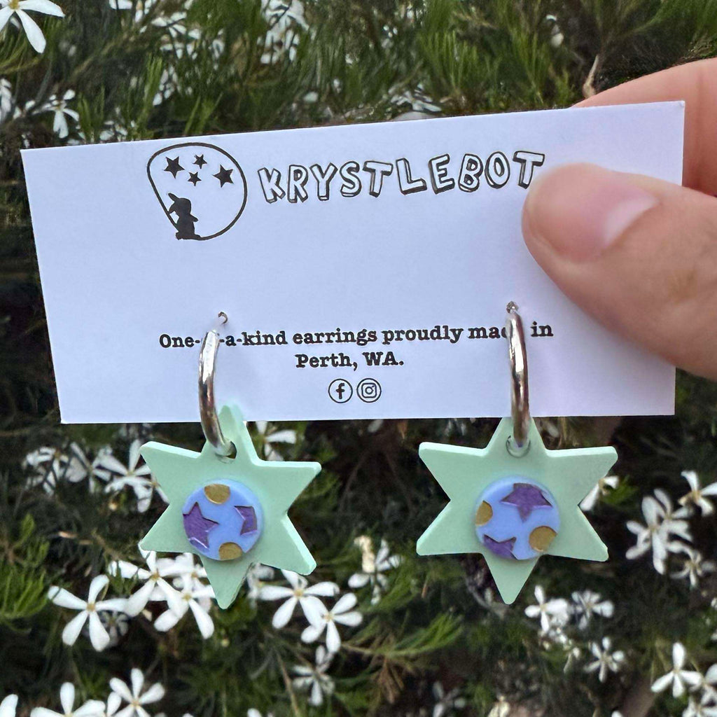 Sage Green, Blue, Gold and Purple Painted Star Huggie Hoop Square Earrings, Lightweight Acrylic Dangles, One-Off