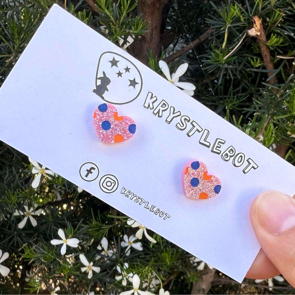 Pink glitter mini spotted painted love heart studs, Teacher Gifts, Everyday earrings, Basic Studs