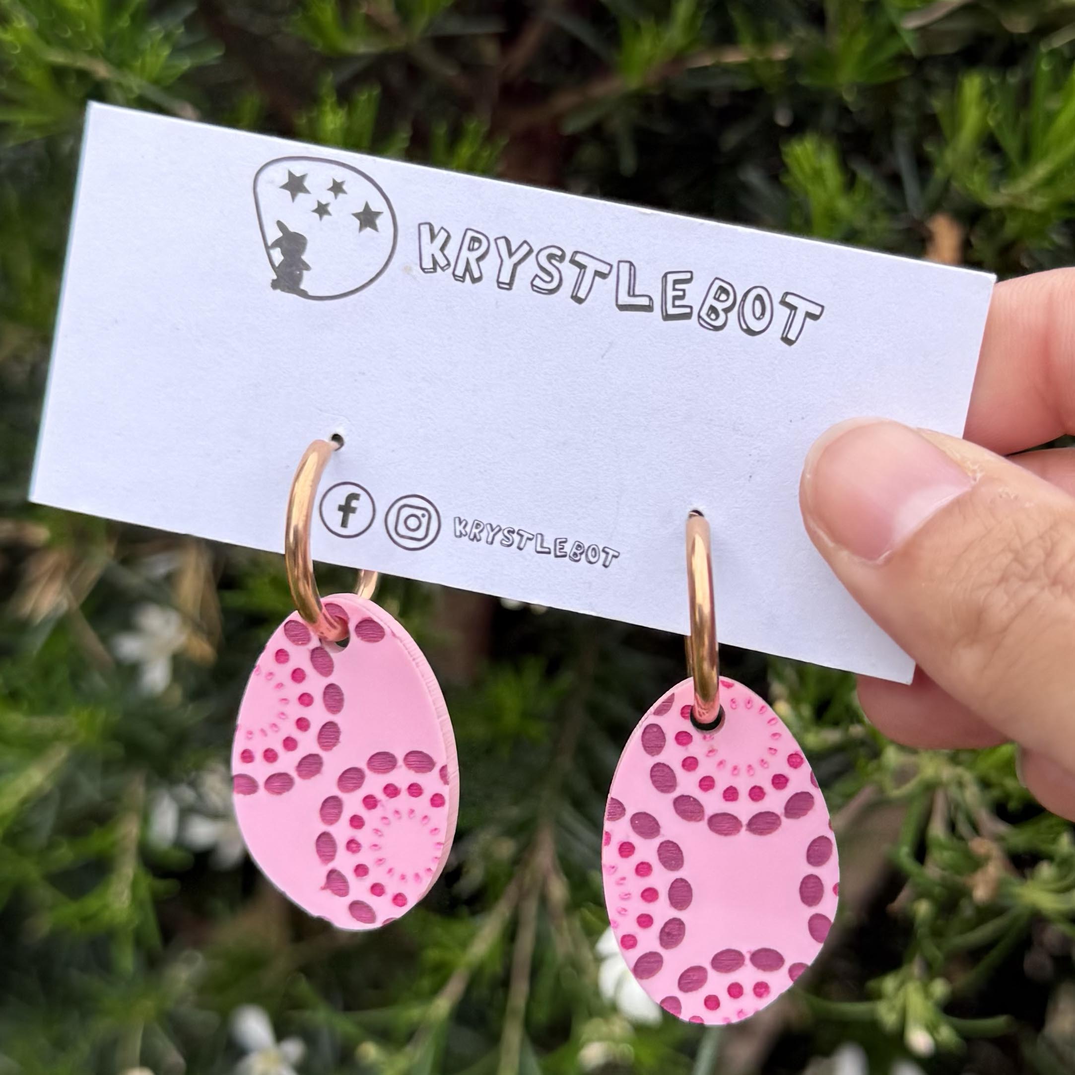 Pink Painted Circle Spots Huggie Hoop Oval Earrings, Lightweight Acrylic Dangles, One-Off