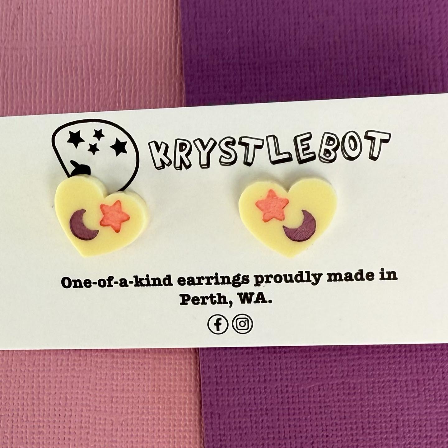 Yellow mini heart star and moon hand painted acrylic earrings, one-of-a-kind, only one made like this