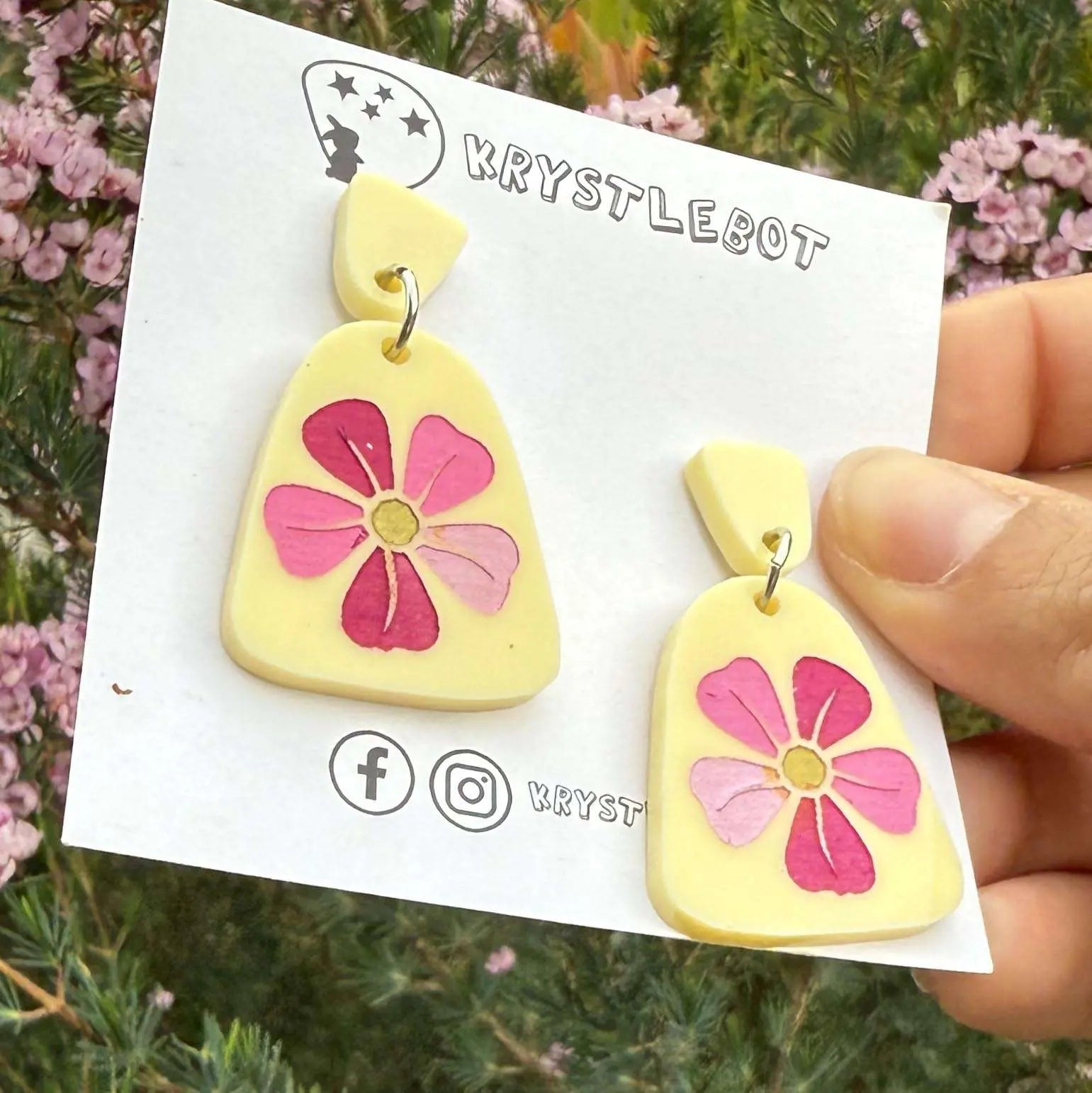 Yellow pink ombré flower Hand Painted Earrings, Lightweight Acrylic Dangles, One-Off