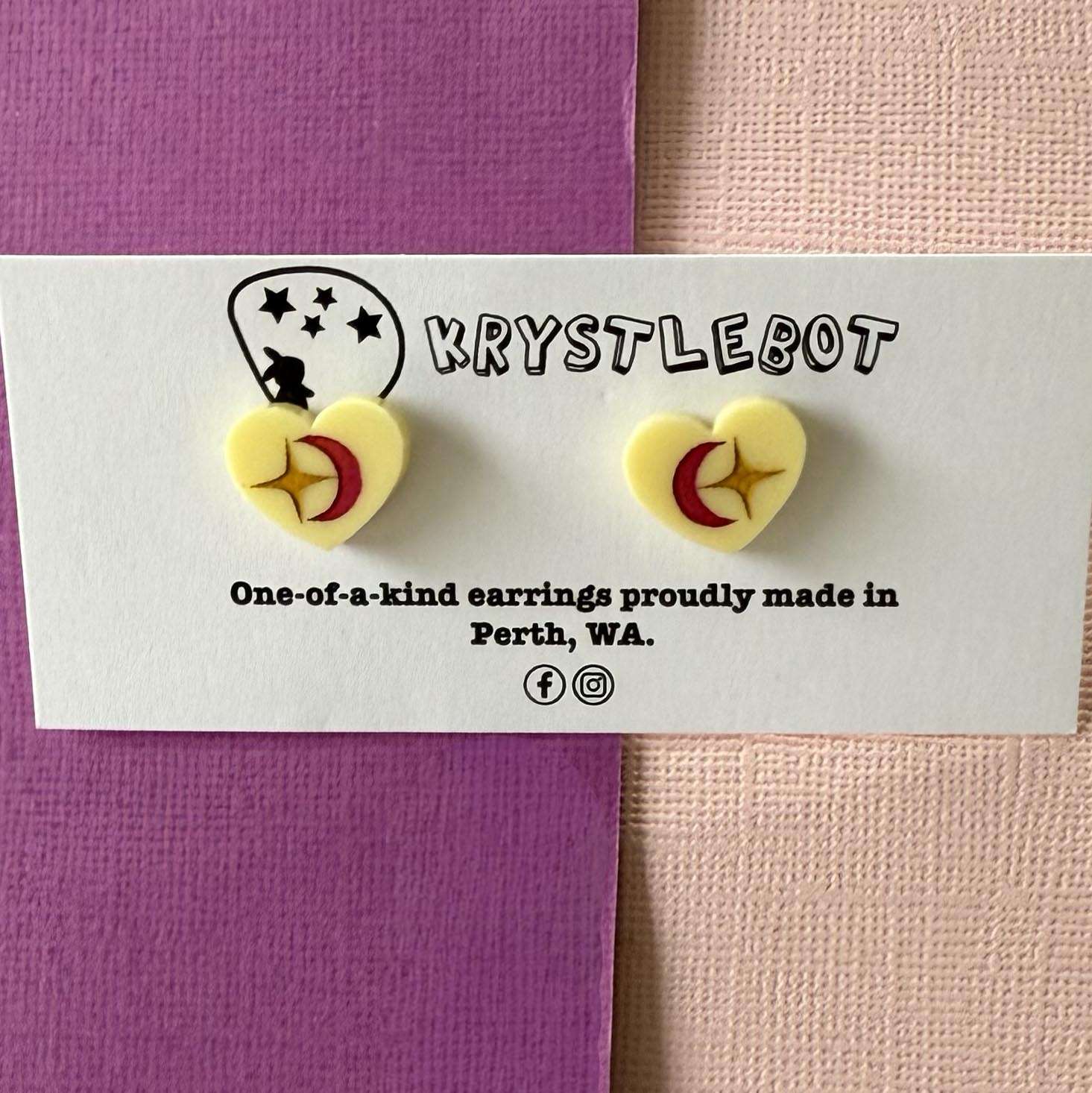 Yellow heart mini star and lunar moon hand painted acrylic earrings, one-of-a-kind, only one made like this