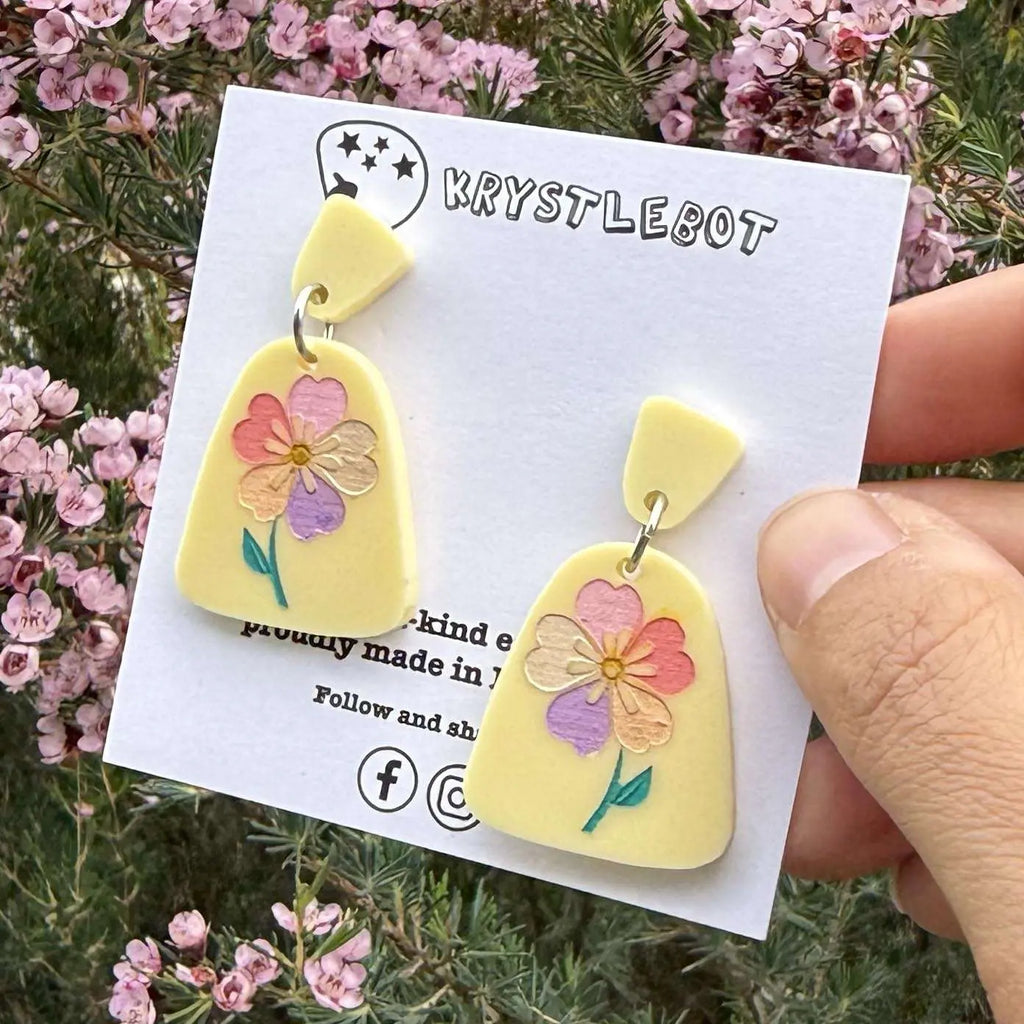 Yellow multi coloured flower Hand Painted Earrings, Lightweight Acrylic Dangles, One-Off