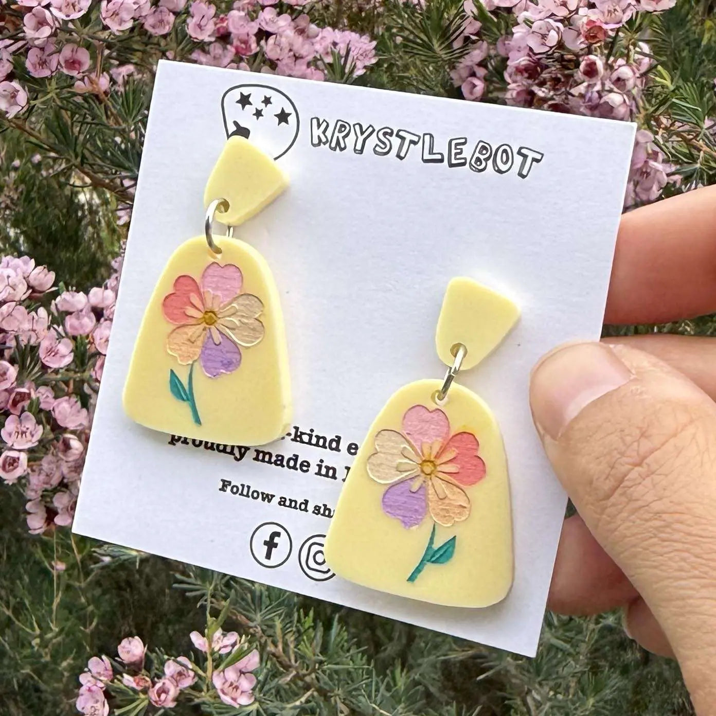 Yellow multi coloured flower Hand Painted Earrings, Lightweight Acrylic Dangles, One-Off