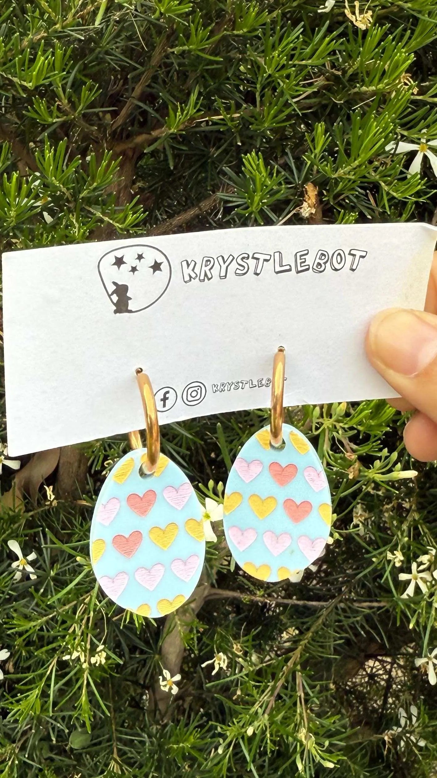 Blue painted heart Huggie Hoop oval Earrings, Lightweight Acrylic Dangles, One-Off