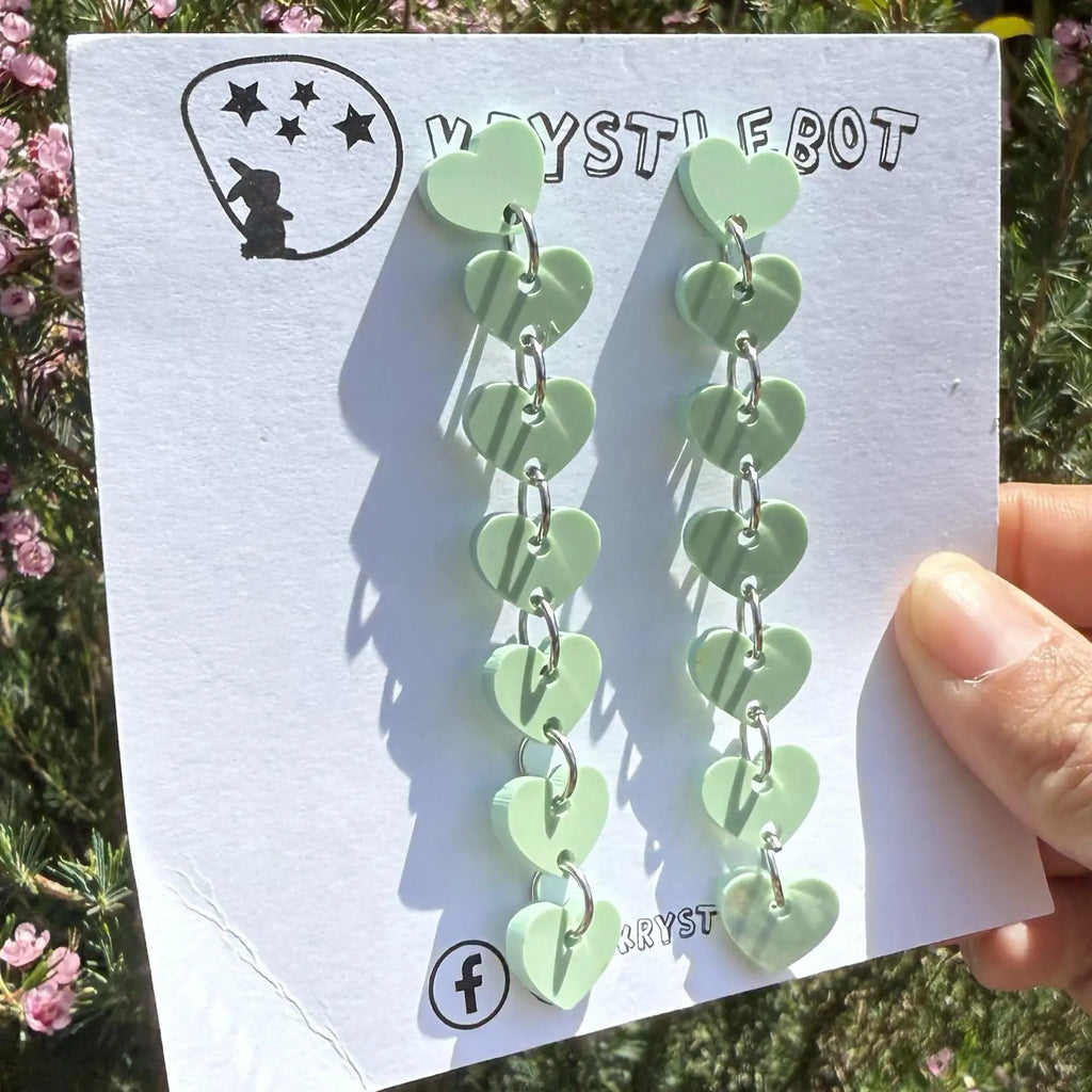 Sage green sweetheart dangles, mini heart dangles, acrylic earrings, teacher earrings, lightweight dangles