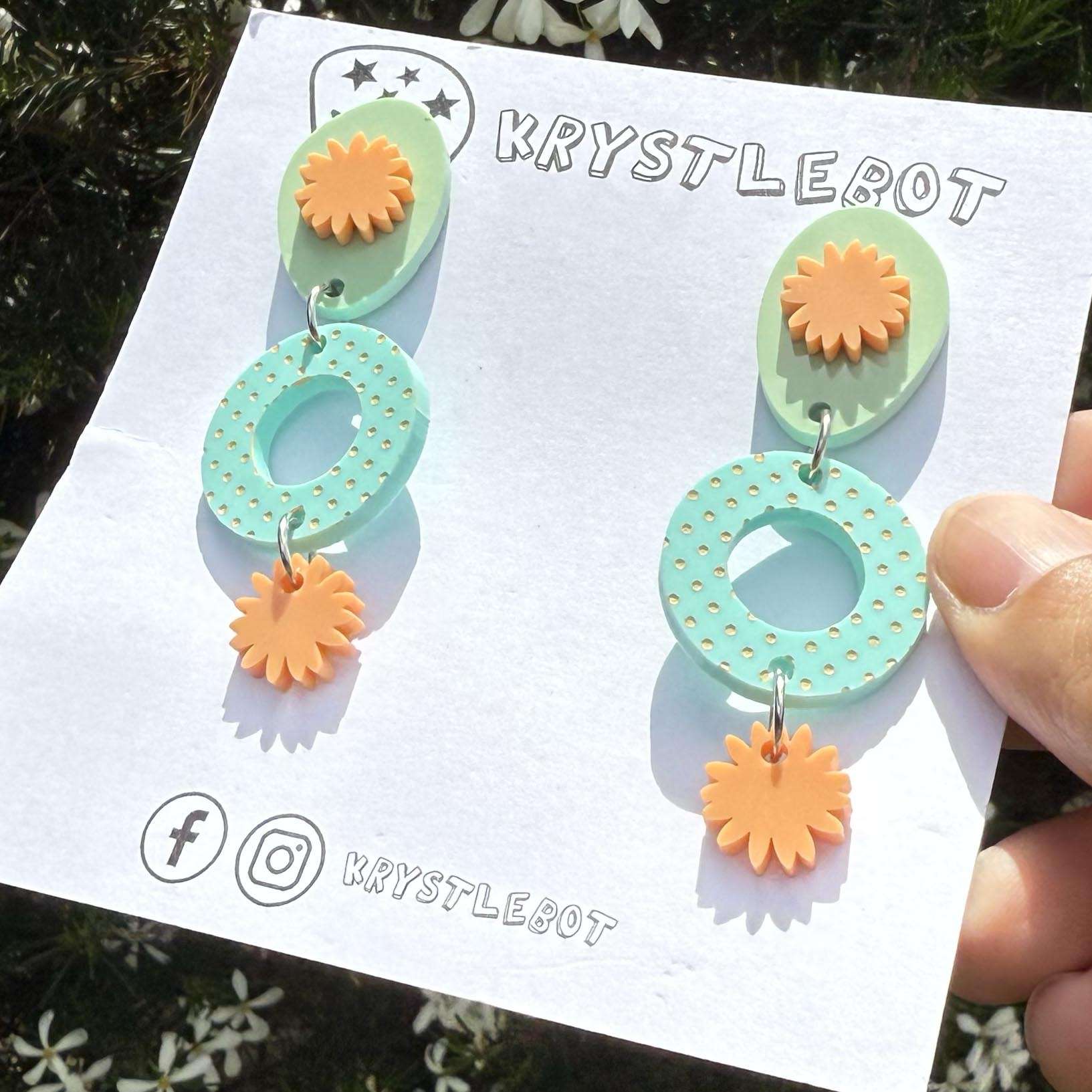 Spearmint green, orange and sage green circle, oval and starburst dangles, spotted painted pattern, Acrylic earrings, Lightweight dangles,Teacher Earrings