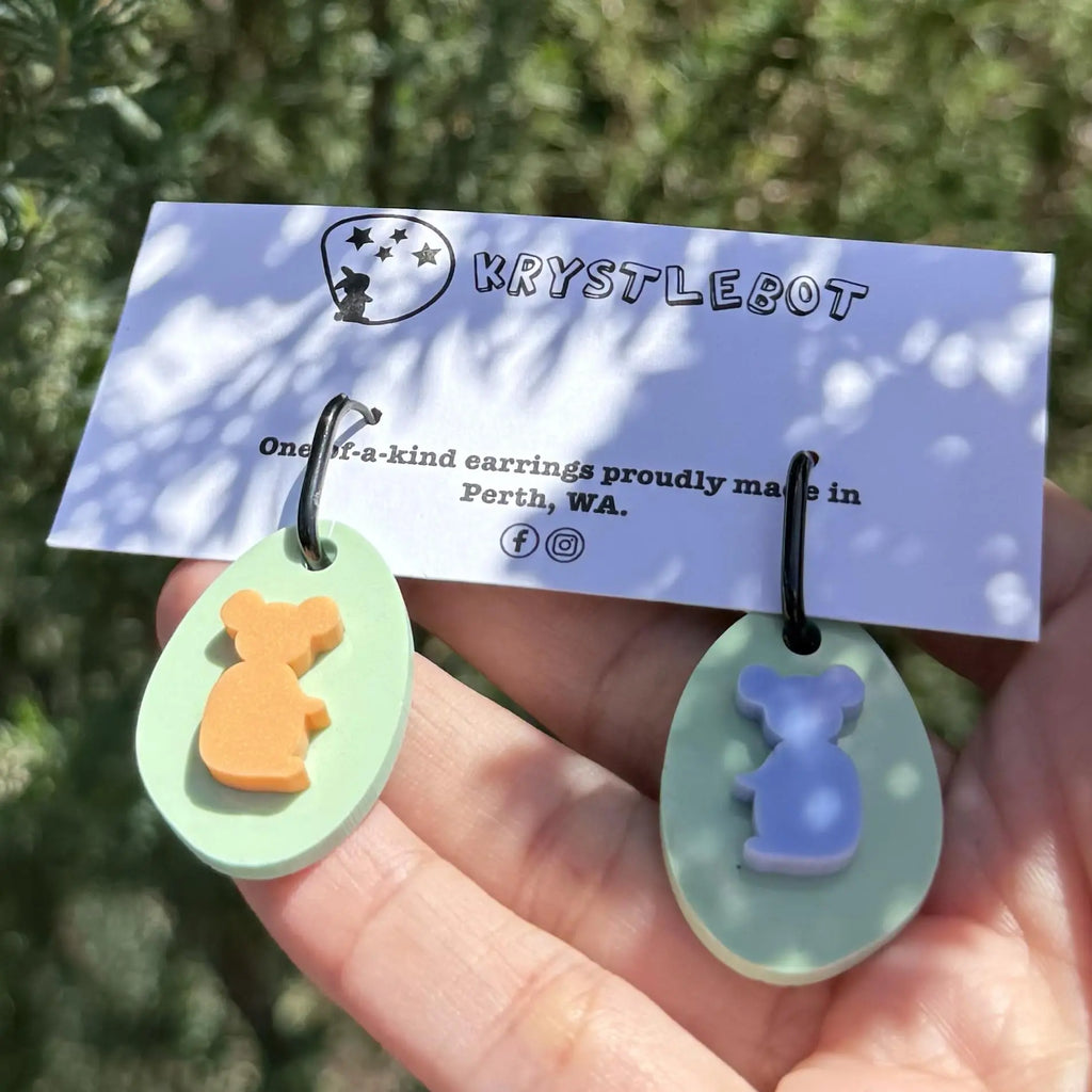 Green mismatched blue and orange koala Huggie Hoop Square Earrings, Lightweight Acrylic Dangles, One-Off