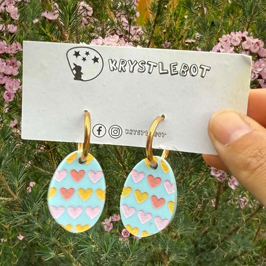 Blue painted heart Huggie Hoop oval Earrings, Lightweight Acrylic Dangles, One-Off