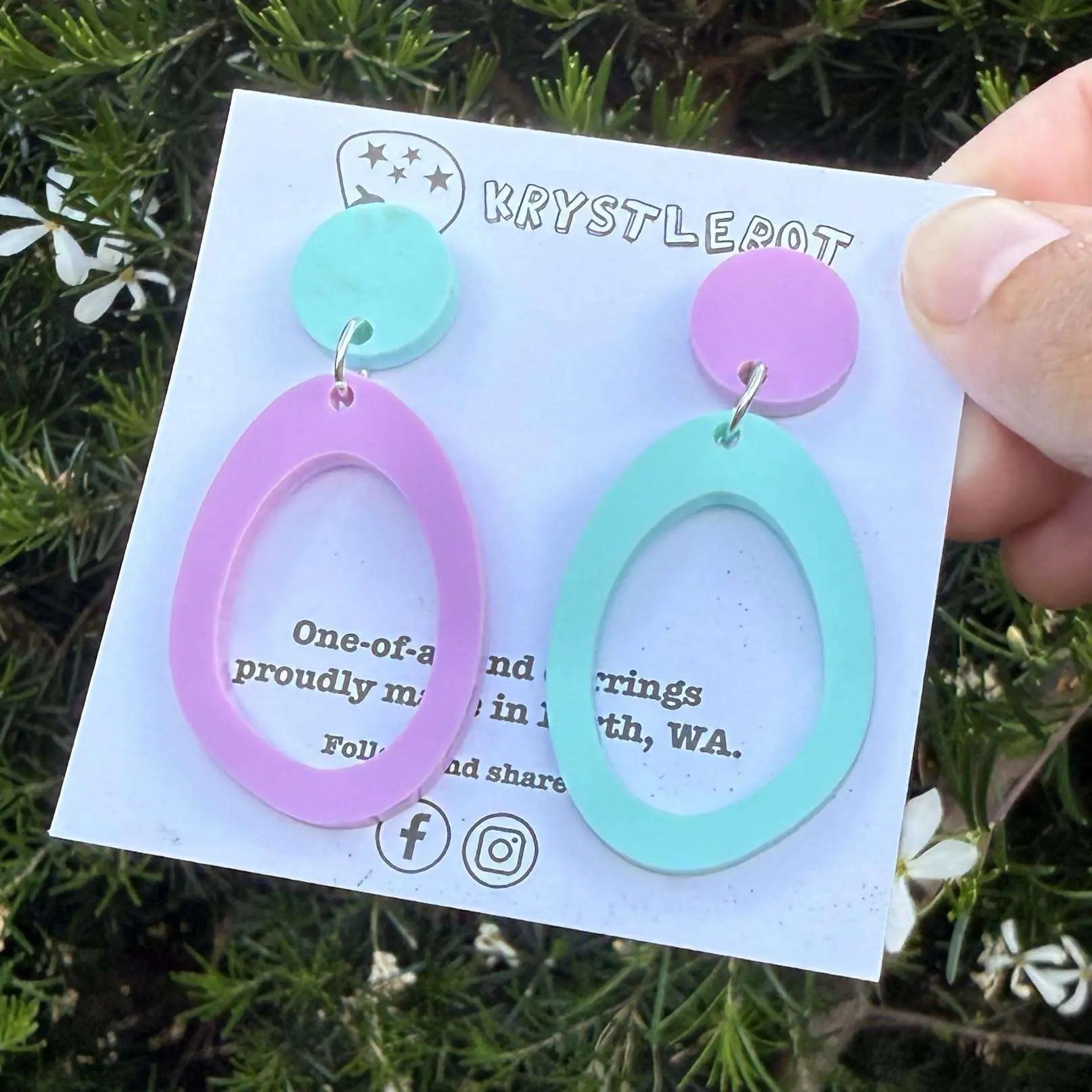 Mint and purple Mismatched Oval Statement Dangles, Abstract Oval, Teacher Earrings, Large Mega Earrings