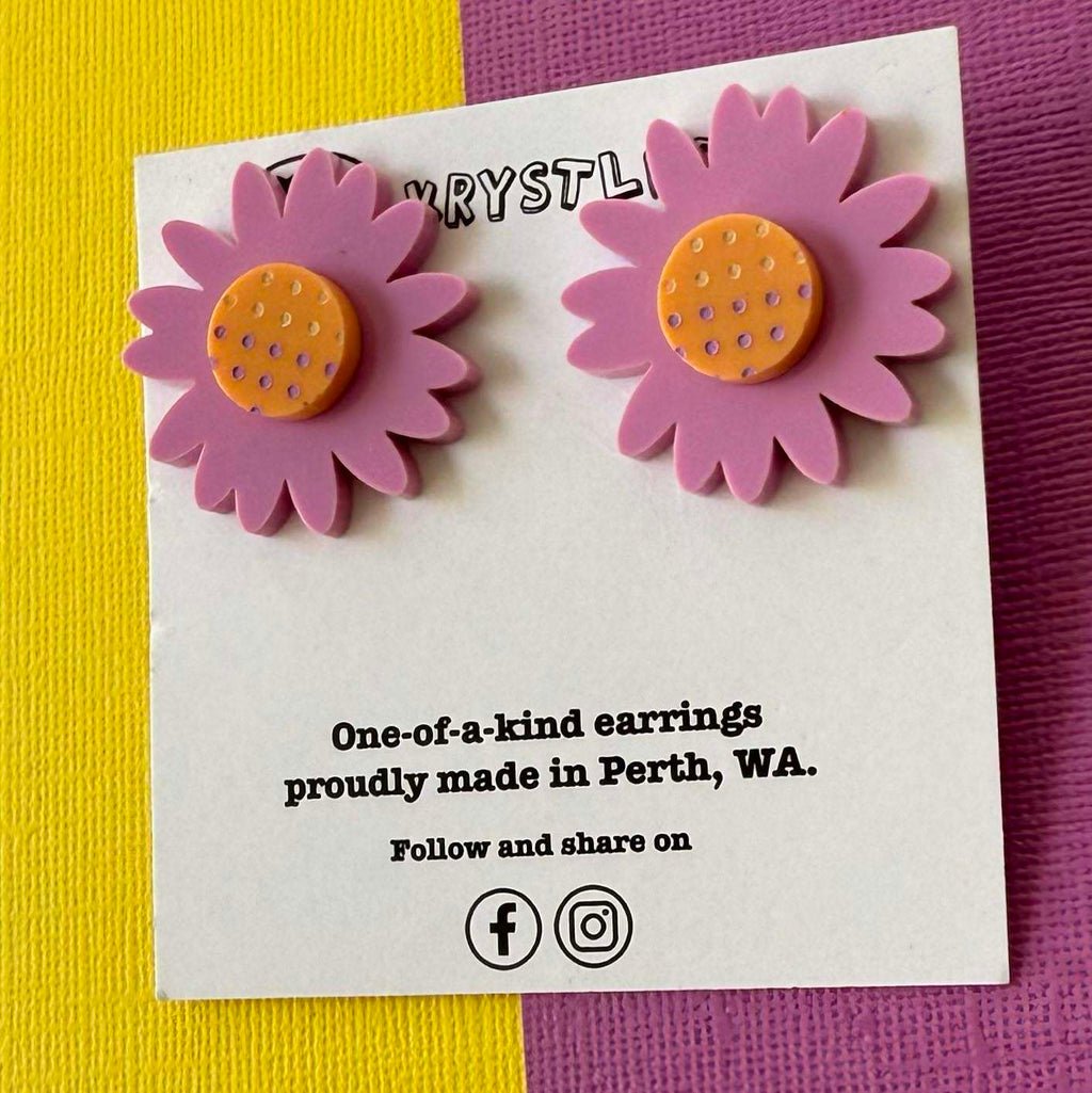 Purple and orange stacked sunflower stud statement earrings, teacher dangles, big large earrings, acrylic earrings