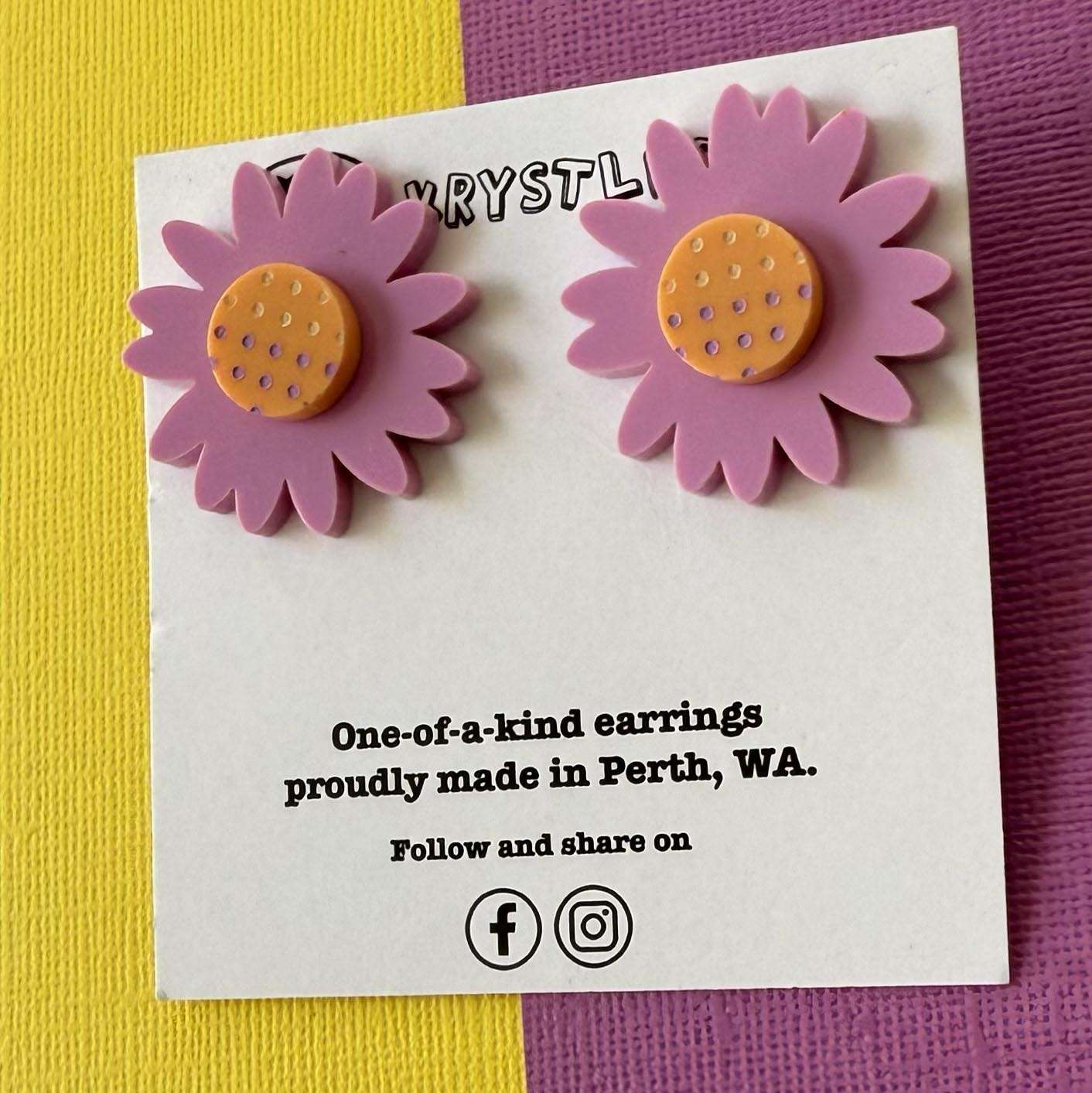 Purple and orange stacked sunflower stud statement earrings, teacher dangles, big large earrings, acrylic earrings