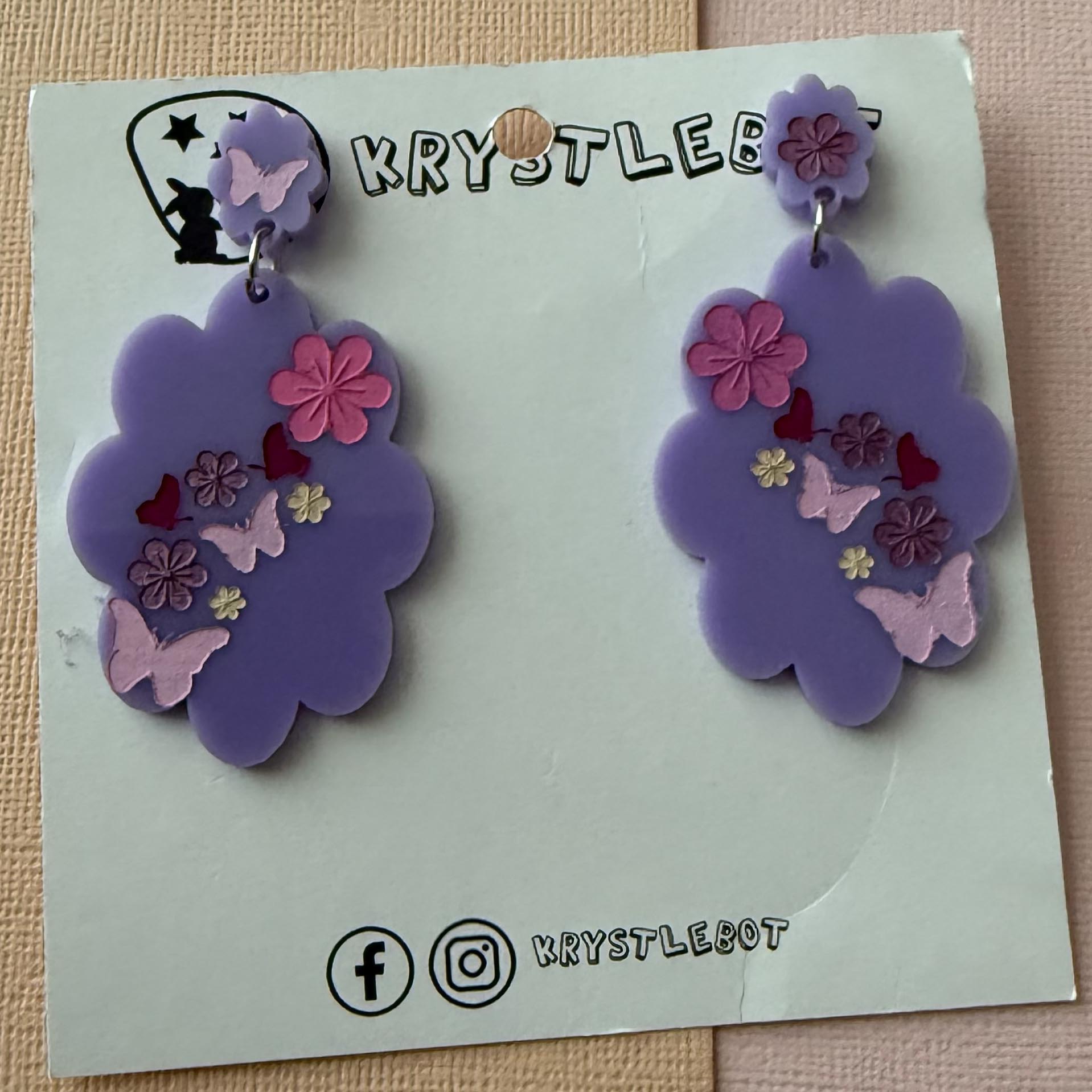 Purple Flower Butterfly Pink Ombré Hand Painted Cloud Burst Dangles Etsy