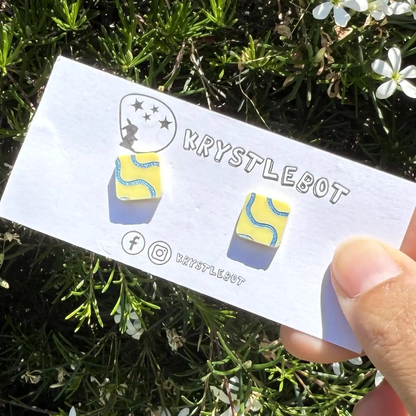 Yellow blue wave hand painted square studs, Teacher Gifts, Everyday earrings, Basic Studs