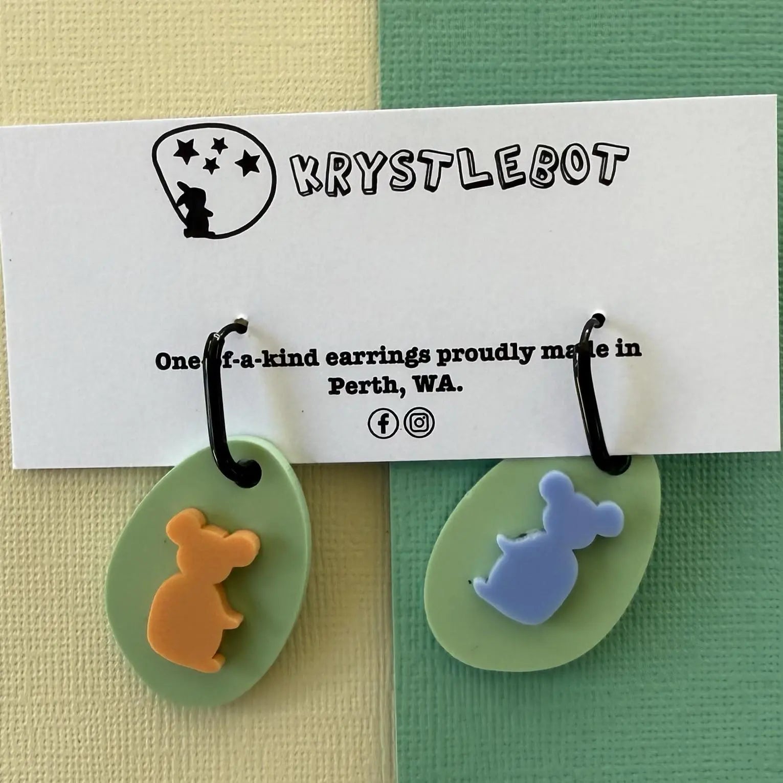 Green mismatched blue and orange koala Huggie Hoop Square Earrings, Lightweight Acrylic Dangles, One-Off