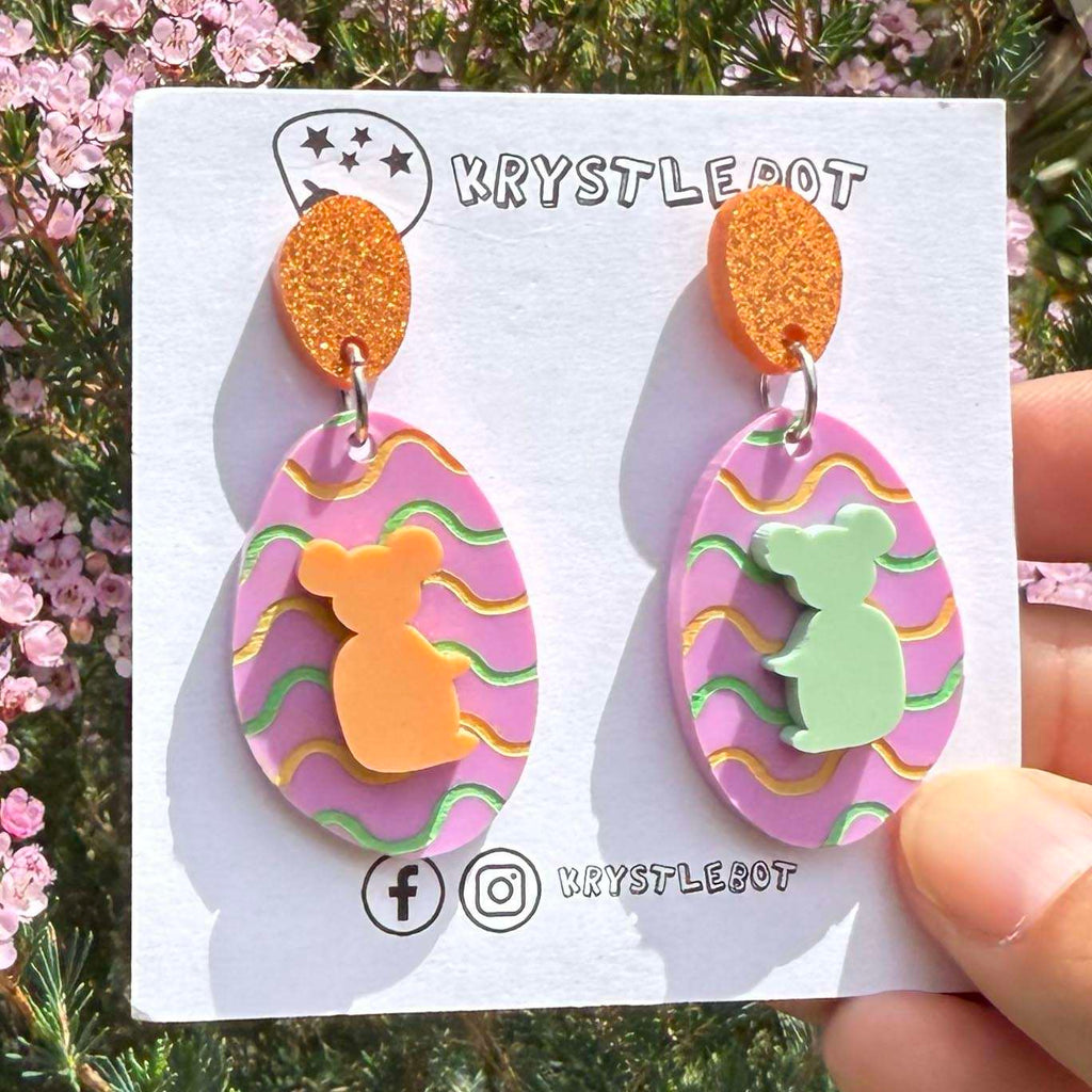 Koala Mismatched Dangles, Mint Green and Peach Orange wave Hand Painted Oval Earrings, Lightweight Acrylic Dangles, One-Off