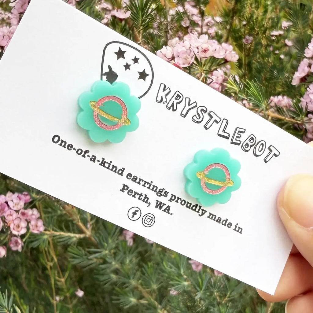 Teal green painted planet studs, Teacher Gifts, Everyday earrings, Basic Studs