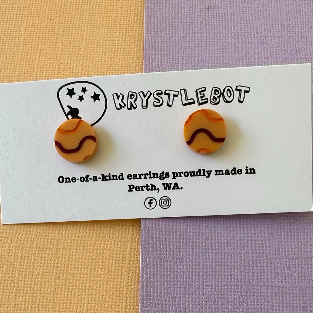 Orange wave hand painted circle studs, Teacher Gifts, Everyday earrings, Basic Studs