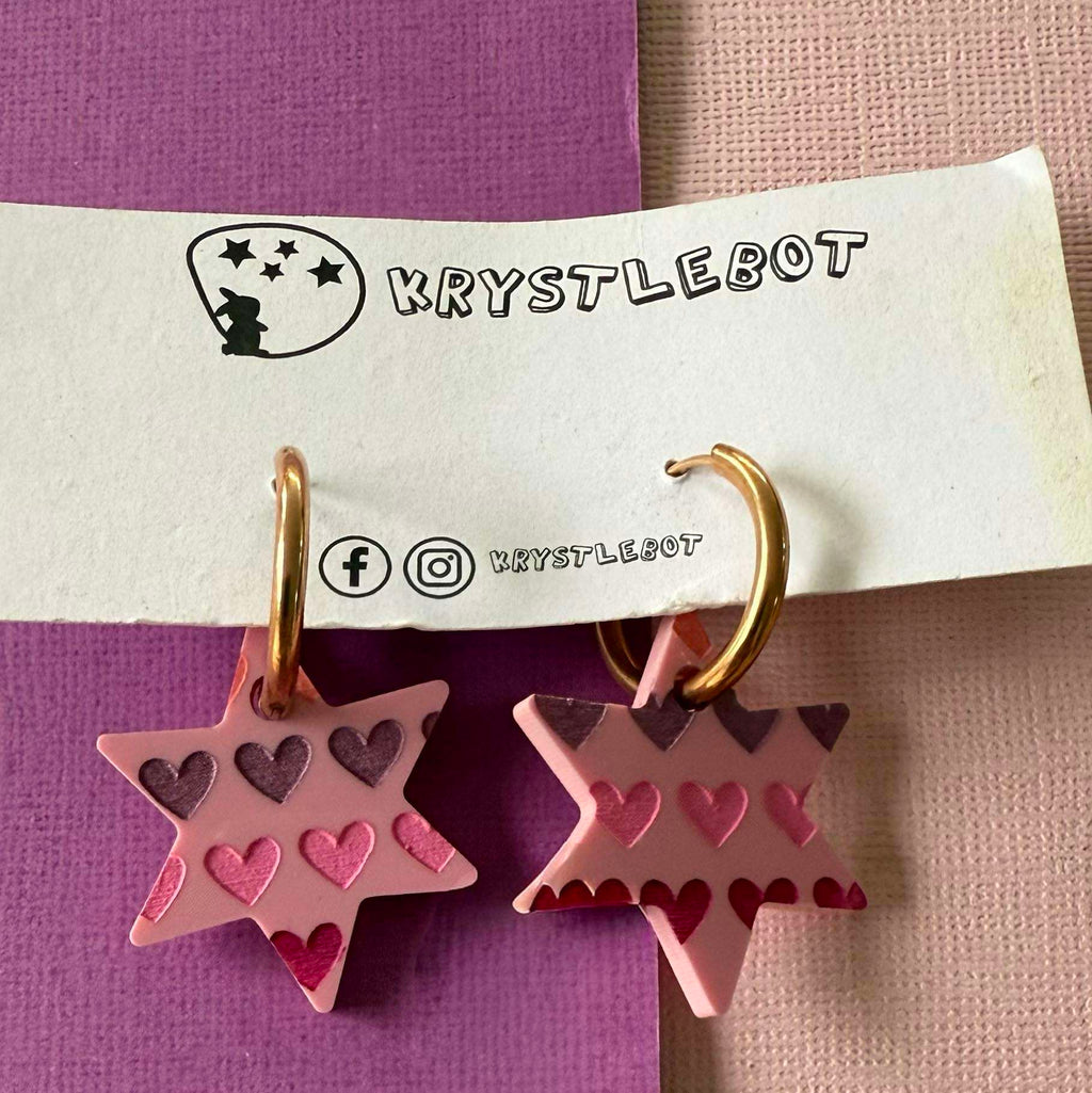 Pink star dangles hand painted with pink, magenta and peach hearts, Huggie Hoop Square Earrings, Lightweight Acrylic Dangles, One-Off