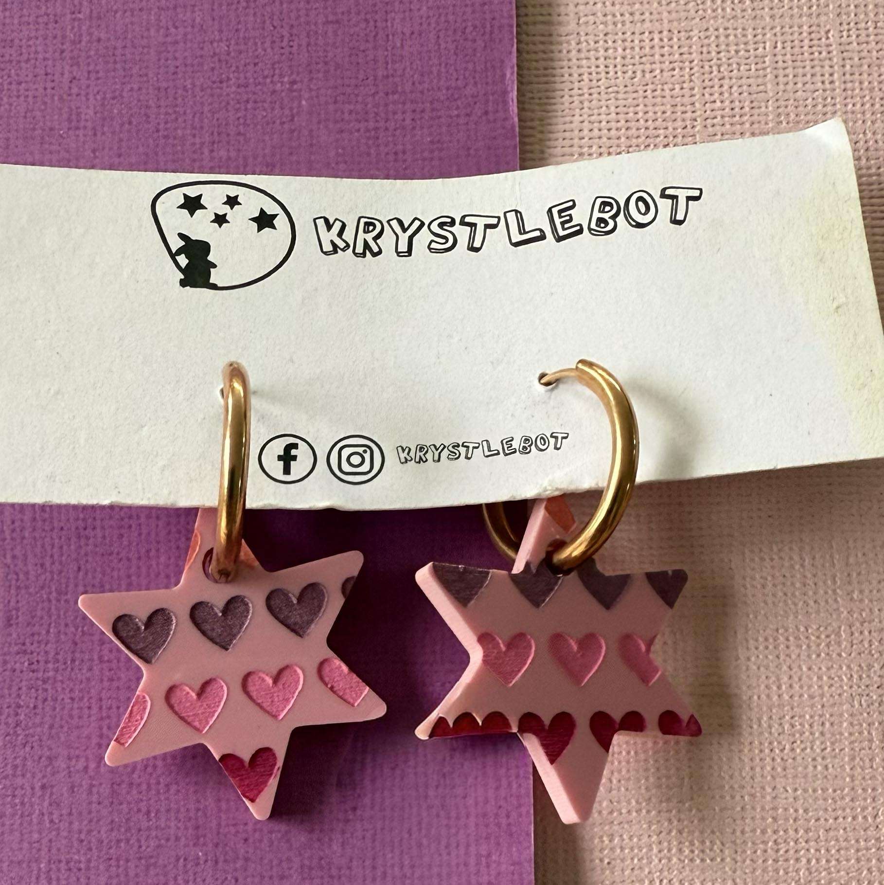 Pink star dangles hand painted with pink, magenta and peach hearts, Huggie Hoop Square Earrings, Lightweight Acrylic Dangles, One-Off