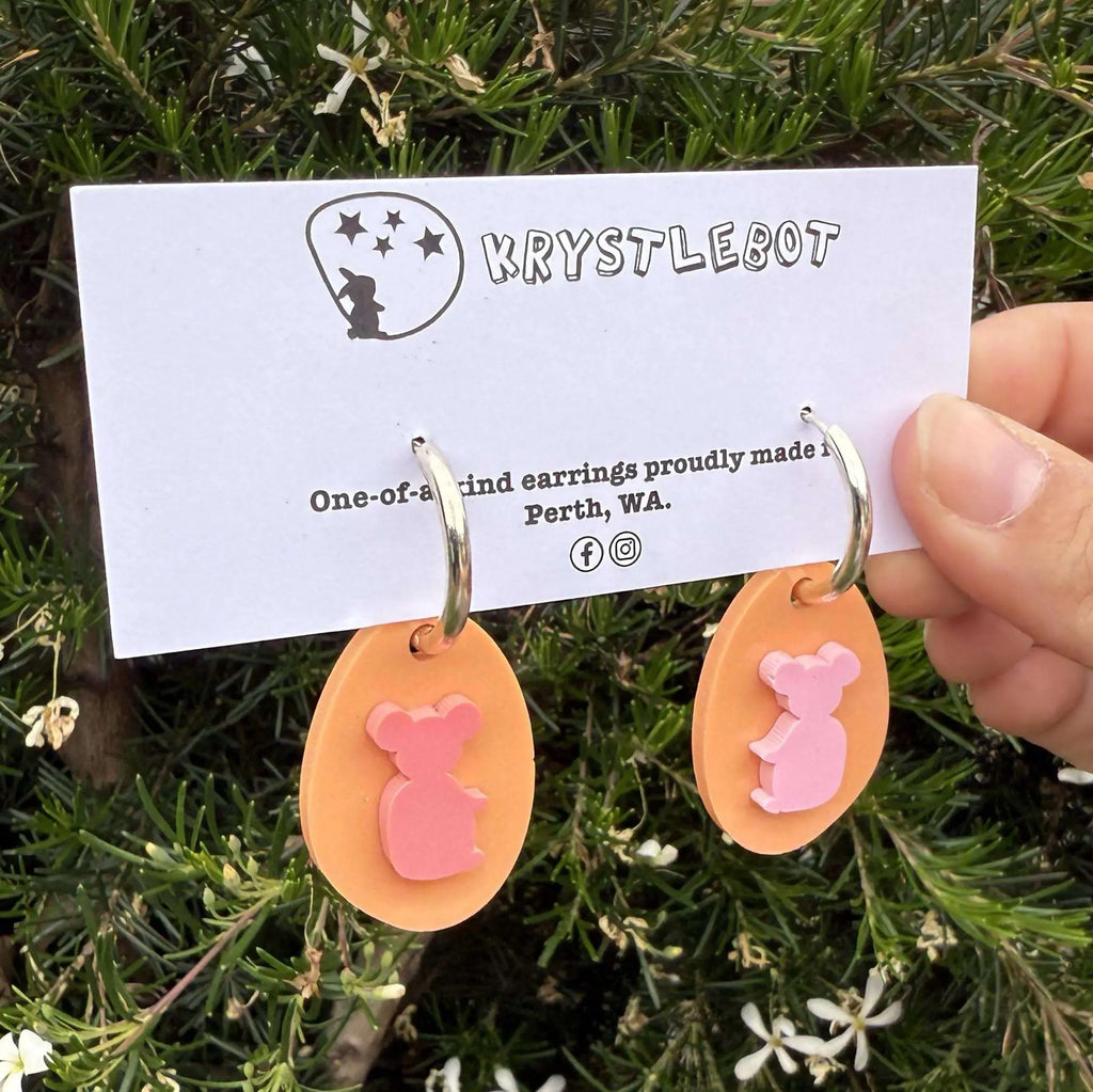 Orange and pink mismatched koala huggie Hoop Oval Earrings, Lightweight Acrylic Dangles, One-Off