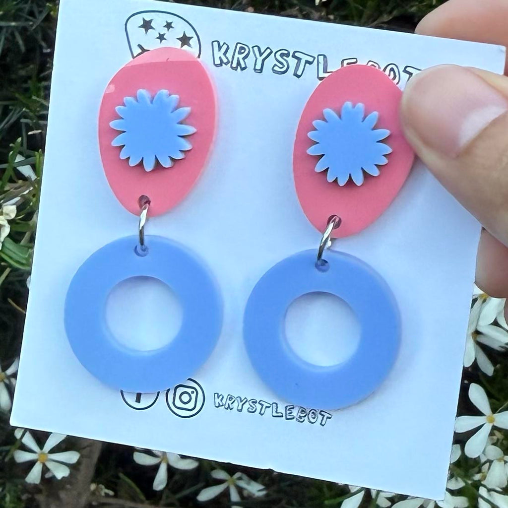 Blue and pink circle oval and starburst dangles, Acrylic earrings, Lightweight dangles,Teacher Earrings