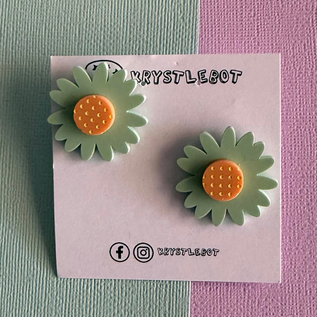 Green & Orange Sunflower Stud Earrings Krystlebot
