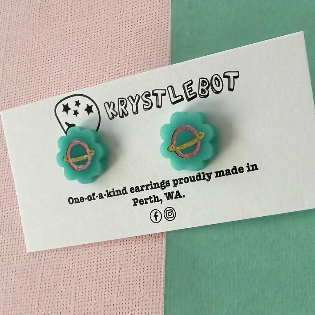 Teal green painted planet studs, Teacher Gifts, Everyday earrings, Basic Studs