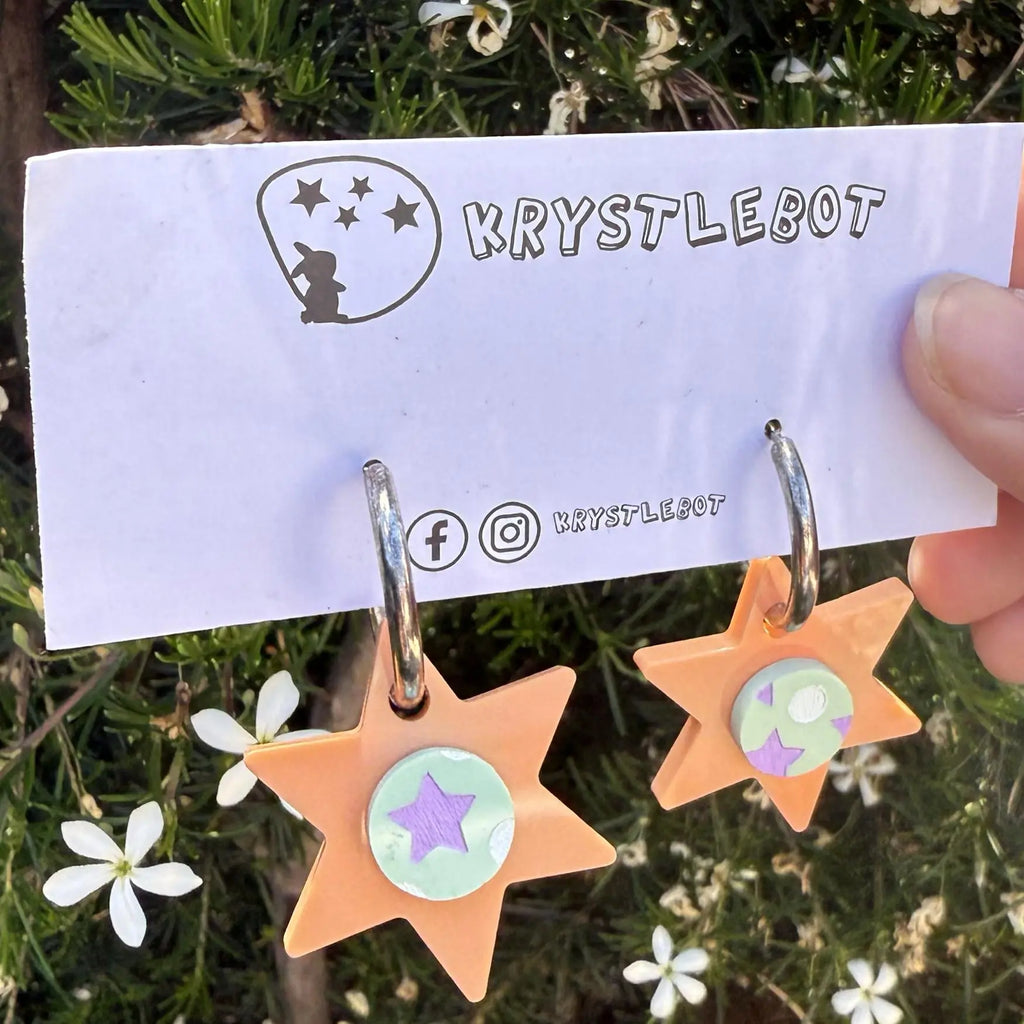 Orange Painted Star Huggie Hoop Square Earrings, Lightweight Acrylic Dangles, One-Off