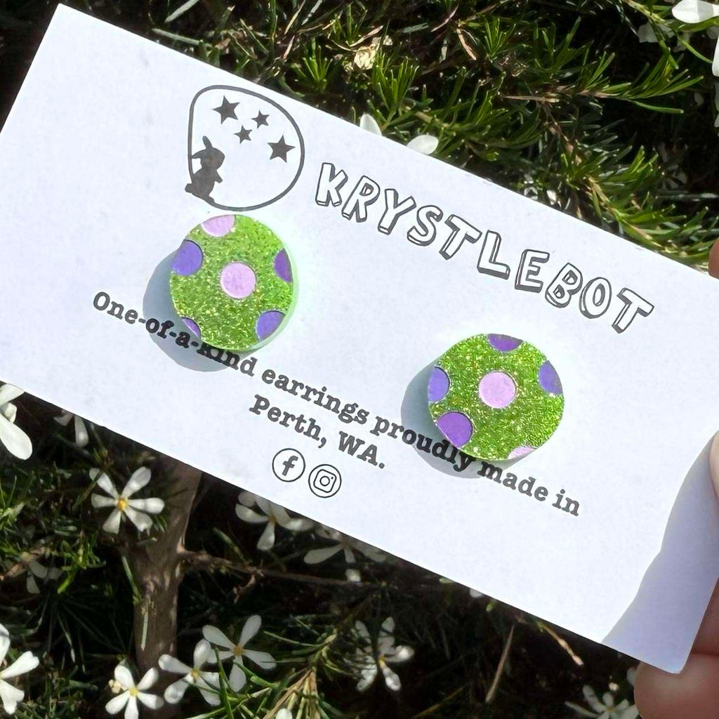 Lime green glitter purple spotted painted oval studs, Teacher Gifts, Everyday earrings, Basic Studs