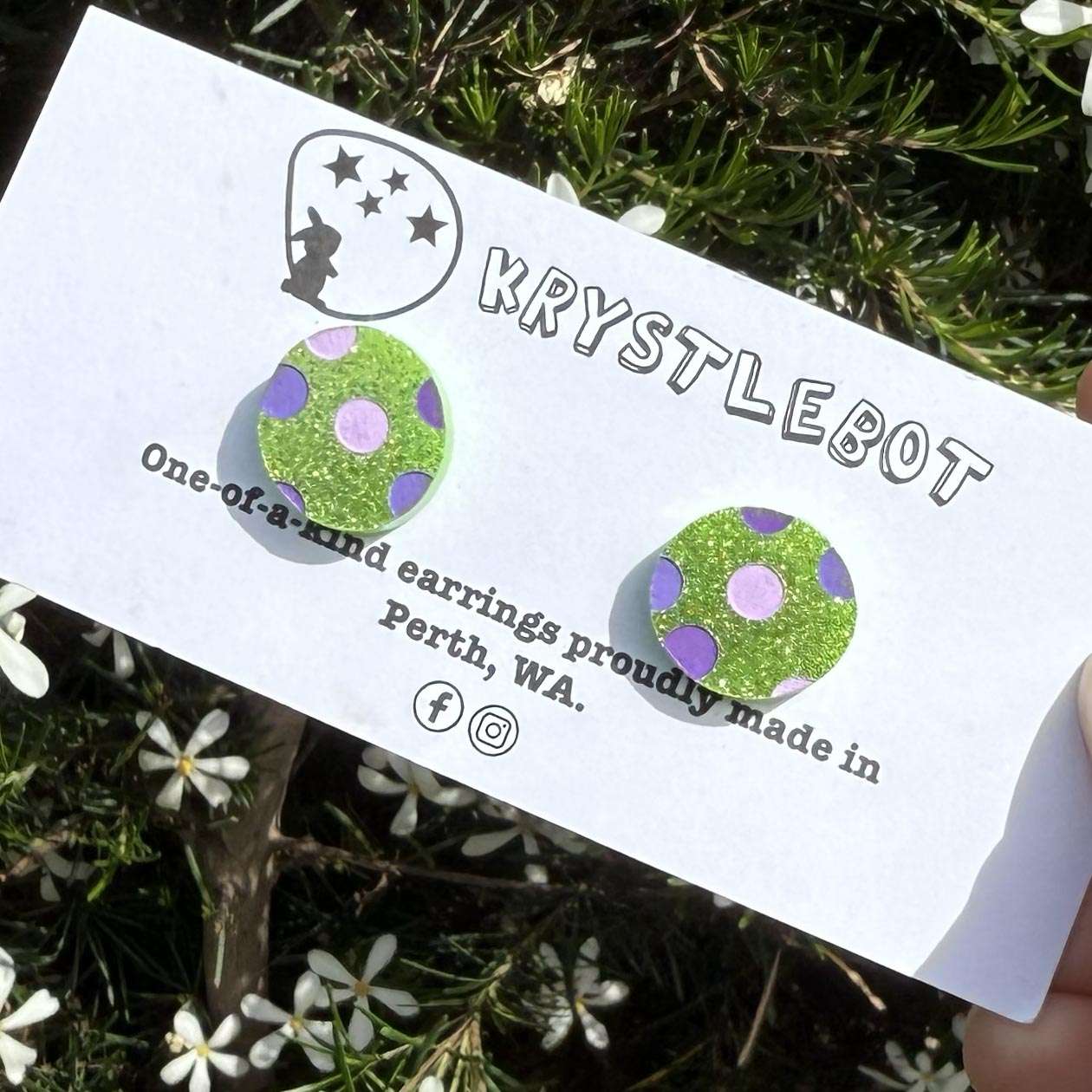 Lime green glitter purple spotted painted oval studs, Teacher Gifts, Everyday earrings, Basic Studs