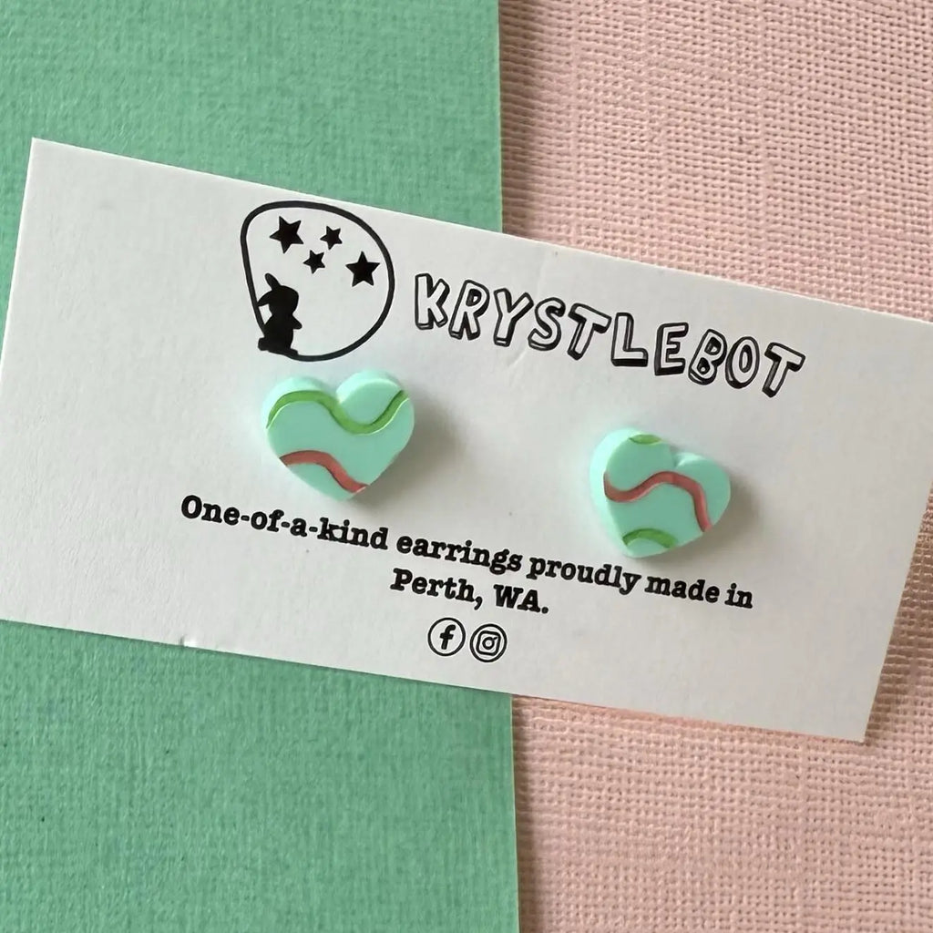 Green mini wave squiggles painted love heart studs, Teacher Gifts, Everyday earrings, Basic Studs