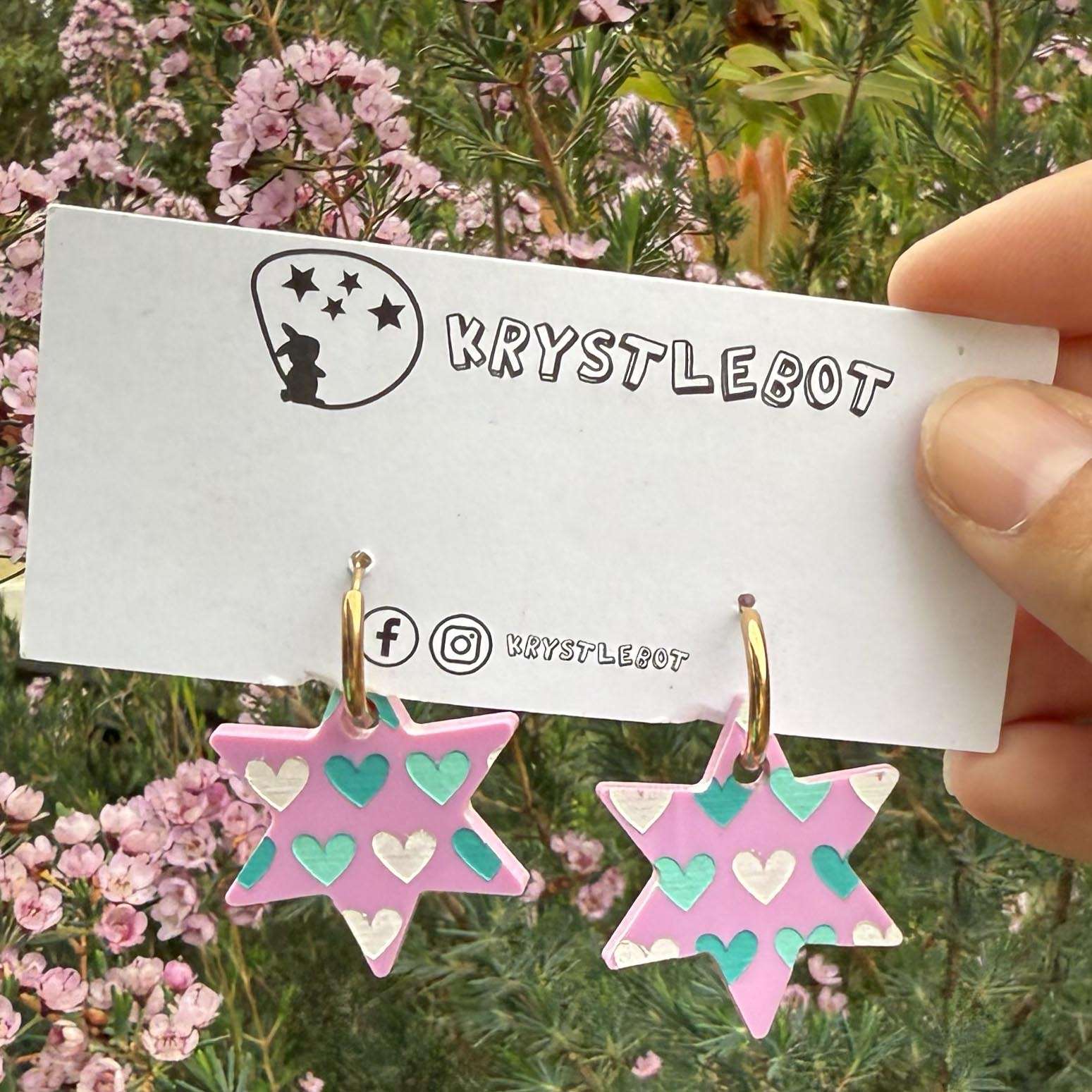 Purple star dangles hand painted with white, aqua and teal hearts, Huggie Hoop Square Earrings, Lightweight Acrylic Dangles, One-Off