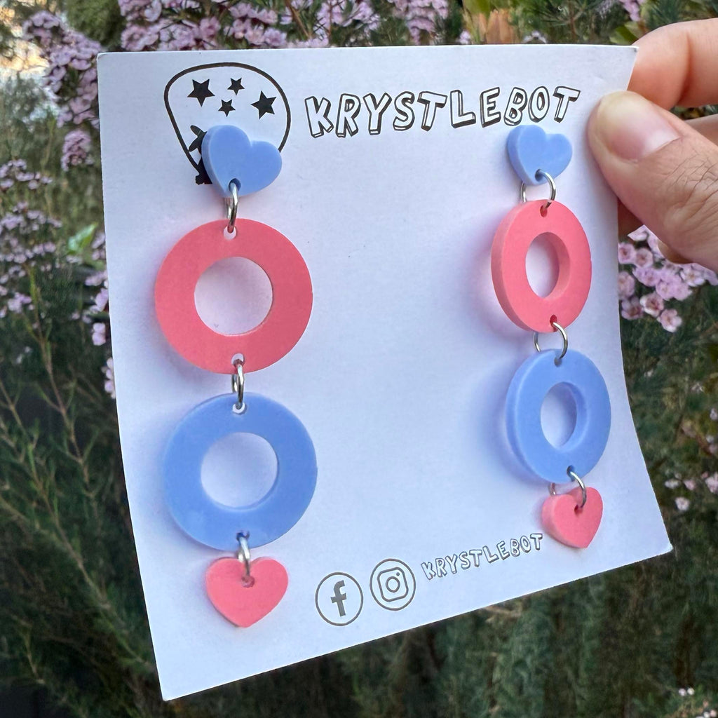 Raspberry pink and blue heart and circle dangles, Acrylic earrings, Lightweight dangles,Teacher Earrings