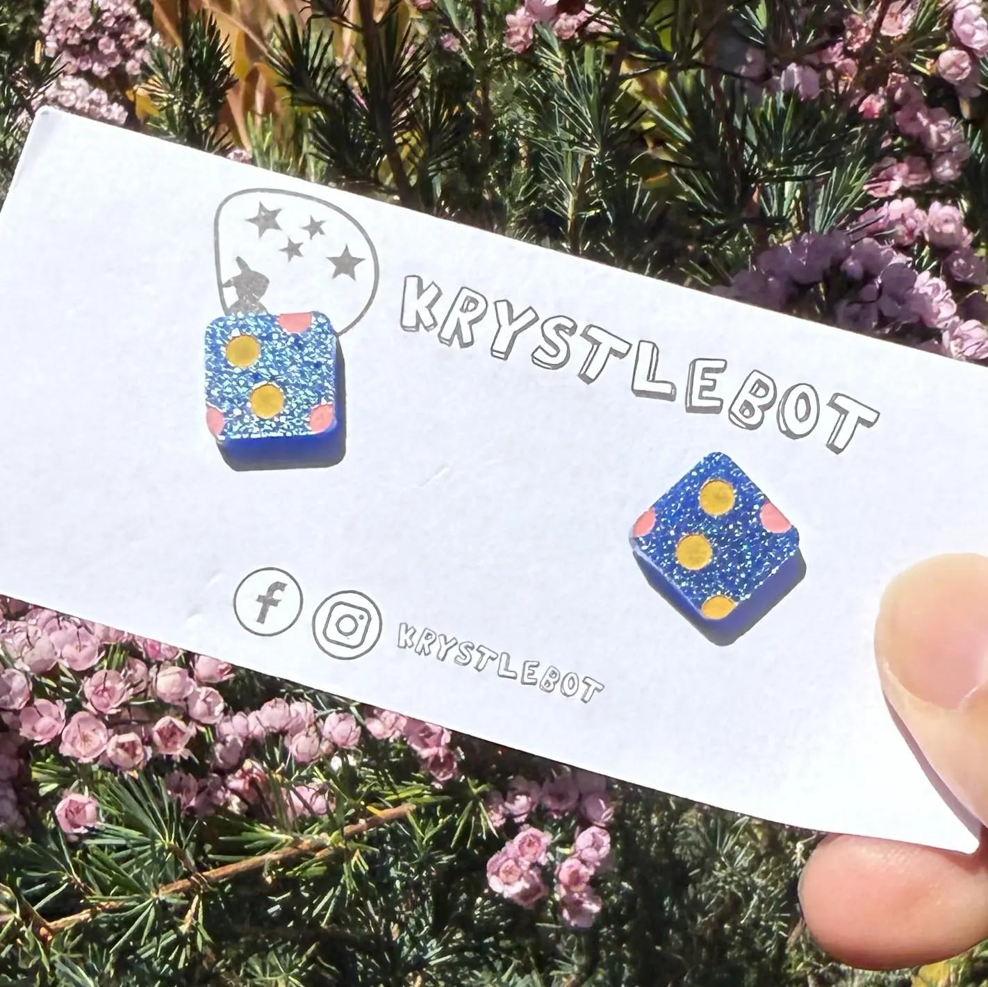 Blue glitter with mustard yellow and pink coloured spotted painted square studs, Teacher Gifts, Everyday earrings, Basic Studs
