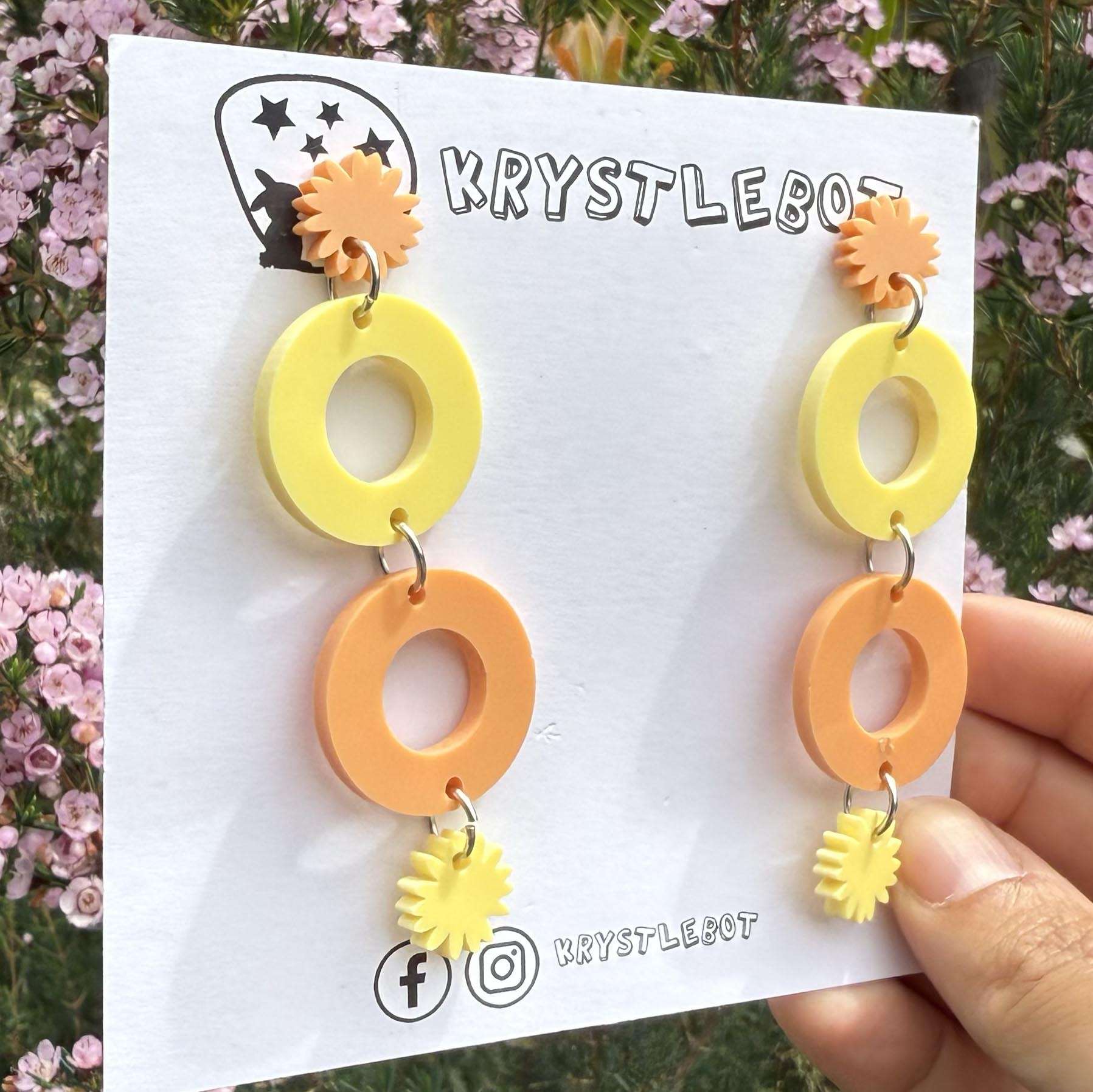 Orange and yellow starburst and circle dangles, Acrylic earrings, Lightweight dangles,Teacher Earrings