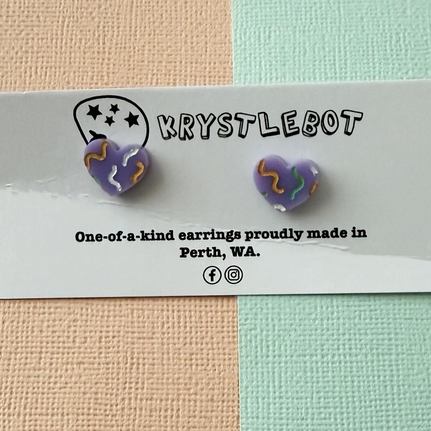 Purple squiggle Hand Painted Heart Studs Krystlebot