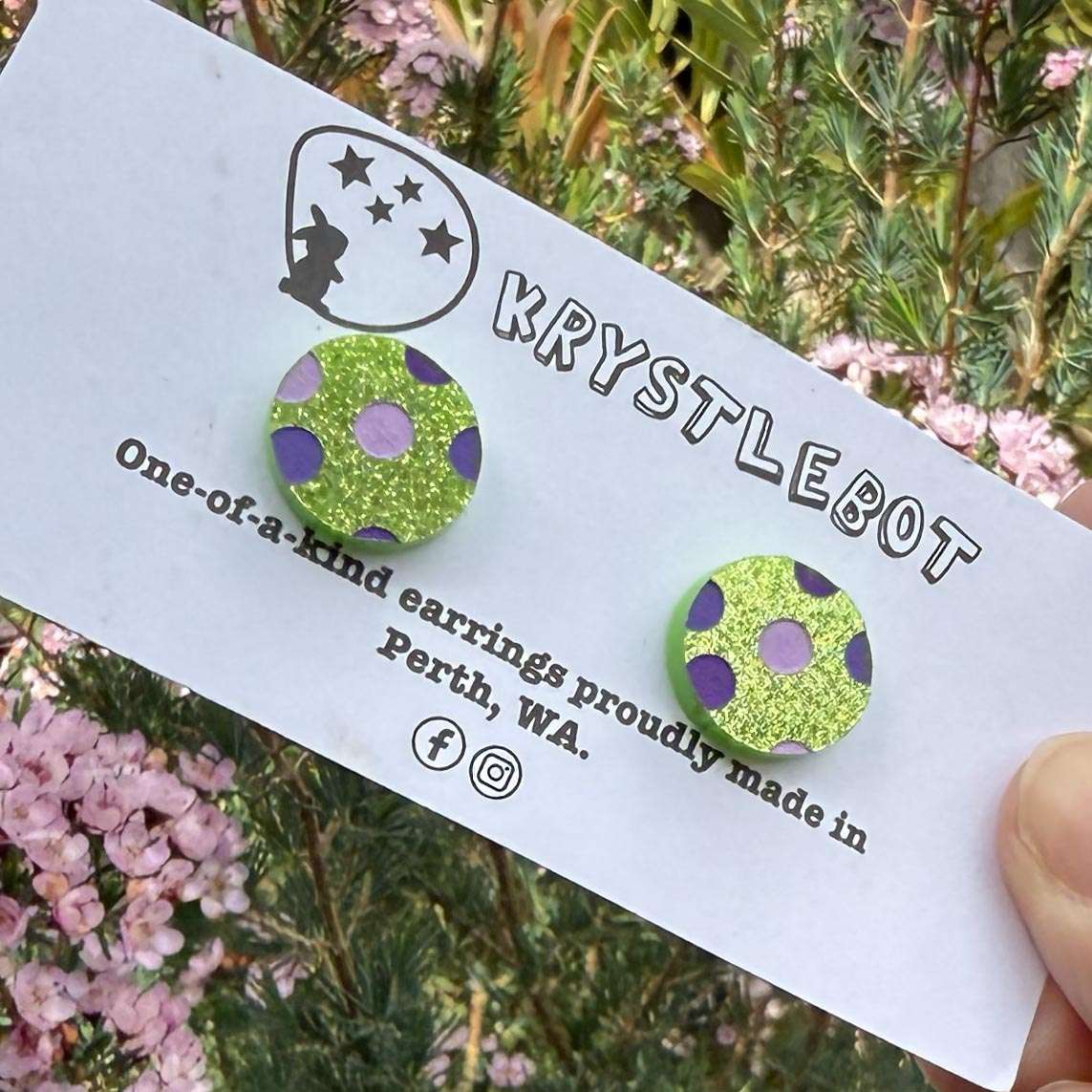 Lime green glitter purple spotted painted oval studs, Teacher Gifts, Everyday earrings, Basic Studs