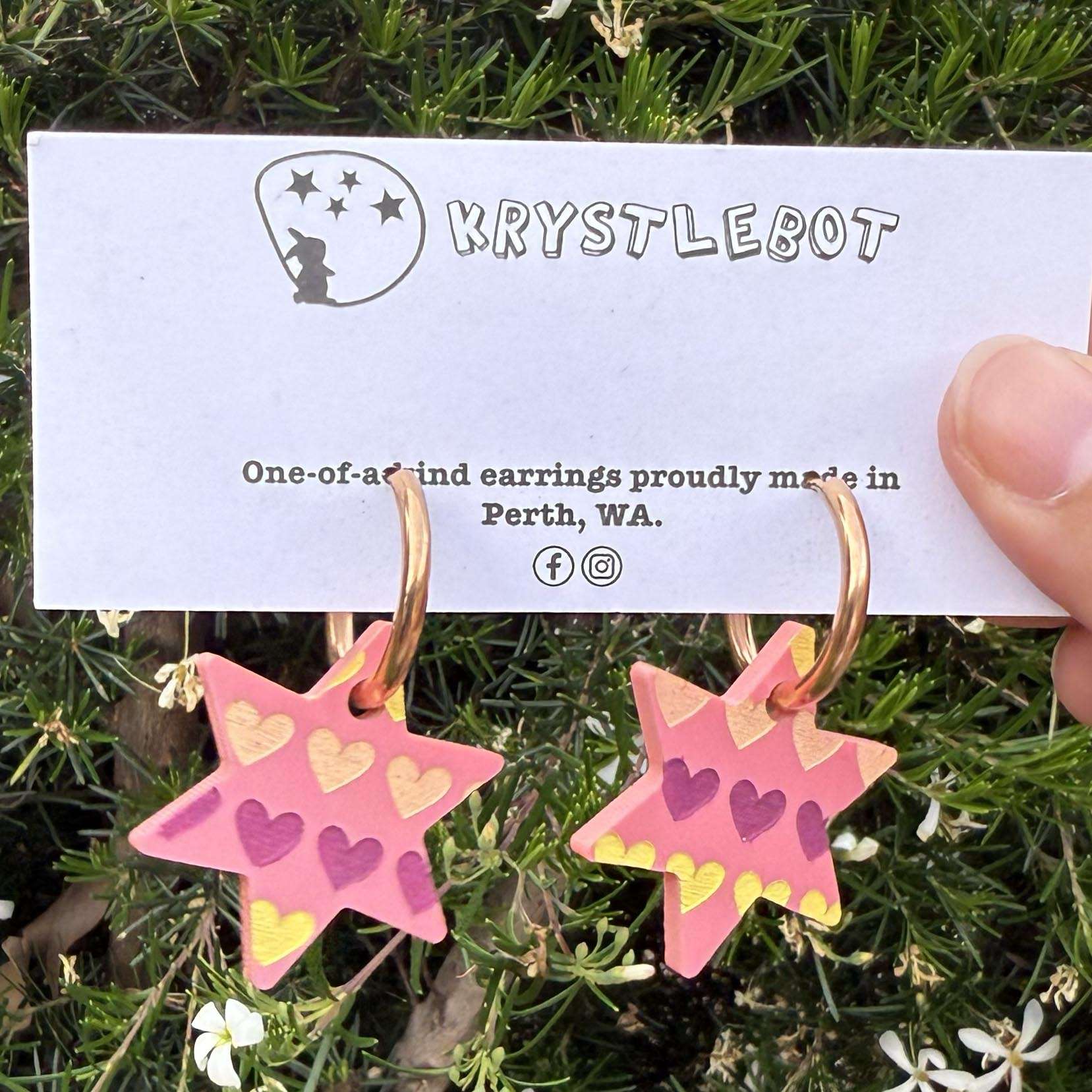 Raspberry star dangles hand painted with pink, yellow and peach hearts, Huggie Hoop Square Earrings, Lightweight Acrylic Dangles, One-Off