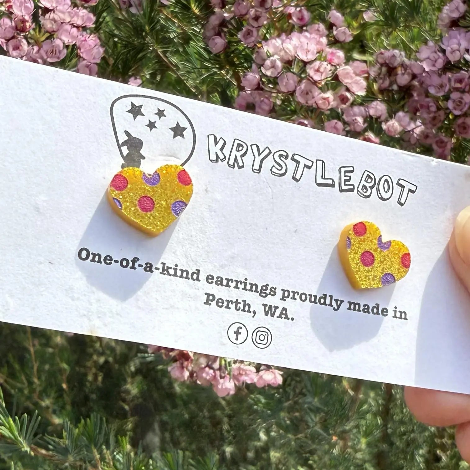 Yellow glitter spotted handpainted love heart studs, Teacher Gifts, Everyday earrings, Basic Studs