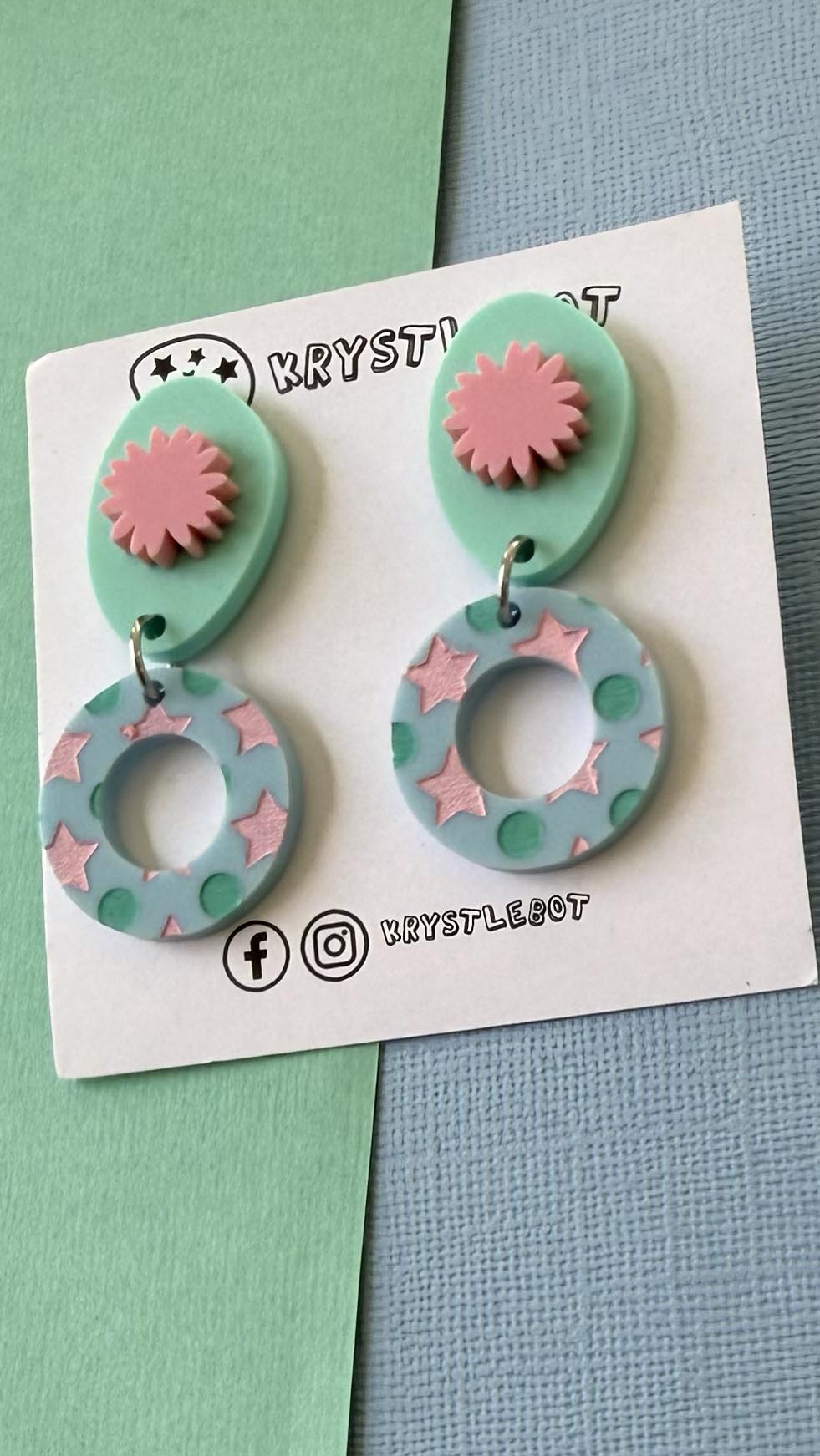Spearmint green, pink and blue circle, oval and starburst dangles, star painted pattern, Acrylic earrings, Lightweight dangles,Teacher Earrings
