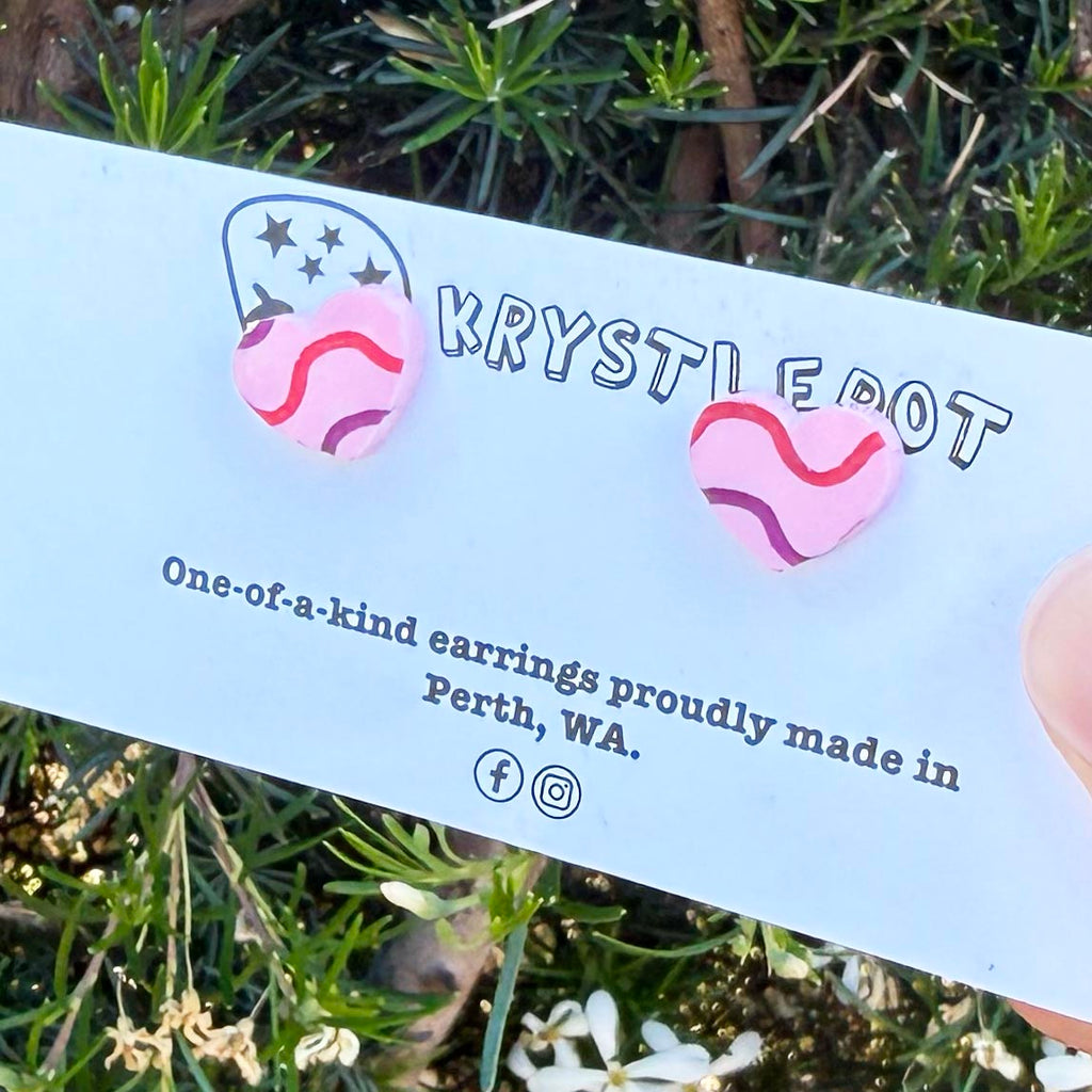 Pink mini wave squiggles painted love heart studs, Teacher Gifts, Everyday earrings, Basic Studs