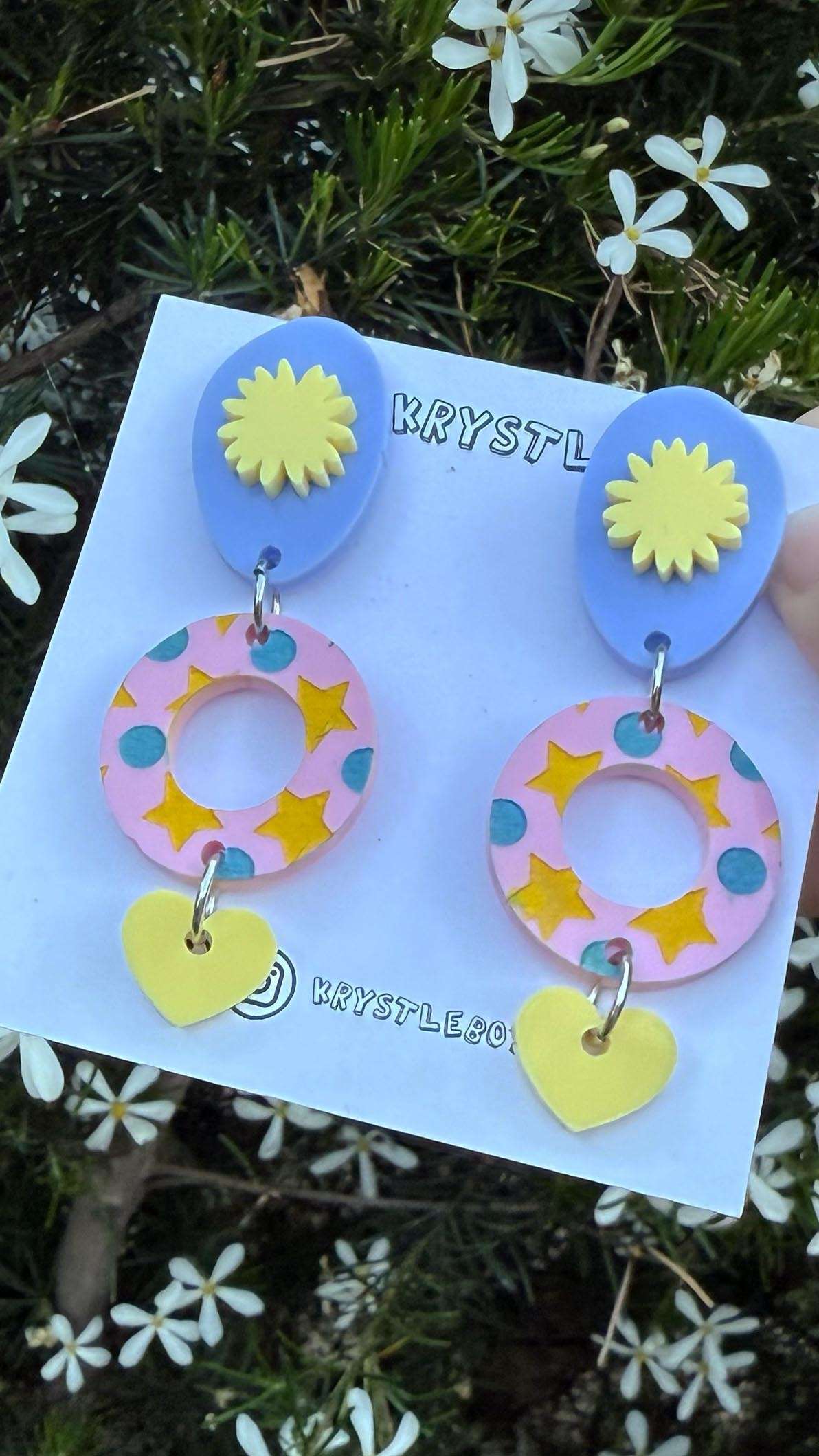 Yellow, blue and pink circle, oval and heart starburst dangles, star painted pattern, Acrylic earrings, Lightweight dangles,Teacher Earrings