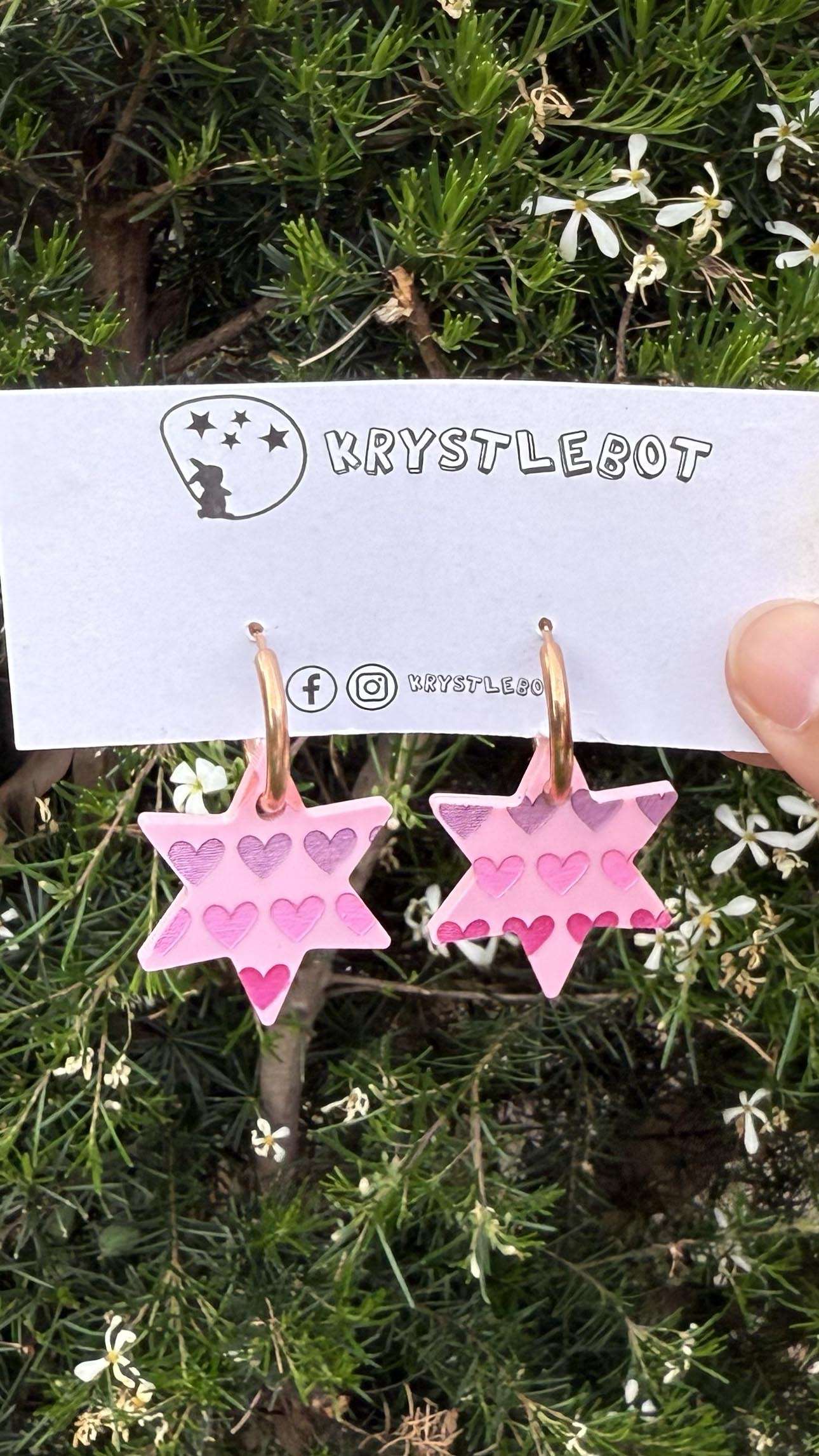 Pink star dangles hand painted with pink, magenta and peach hearts, Huggie Hoop Square Earrings, Lightweight Acrylic Dangles, One-Off