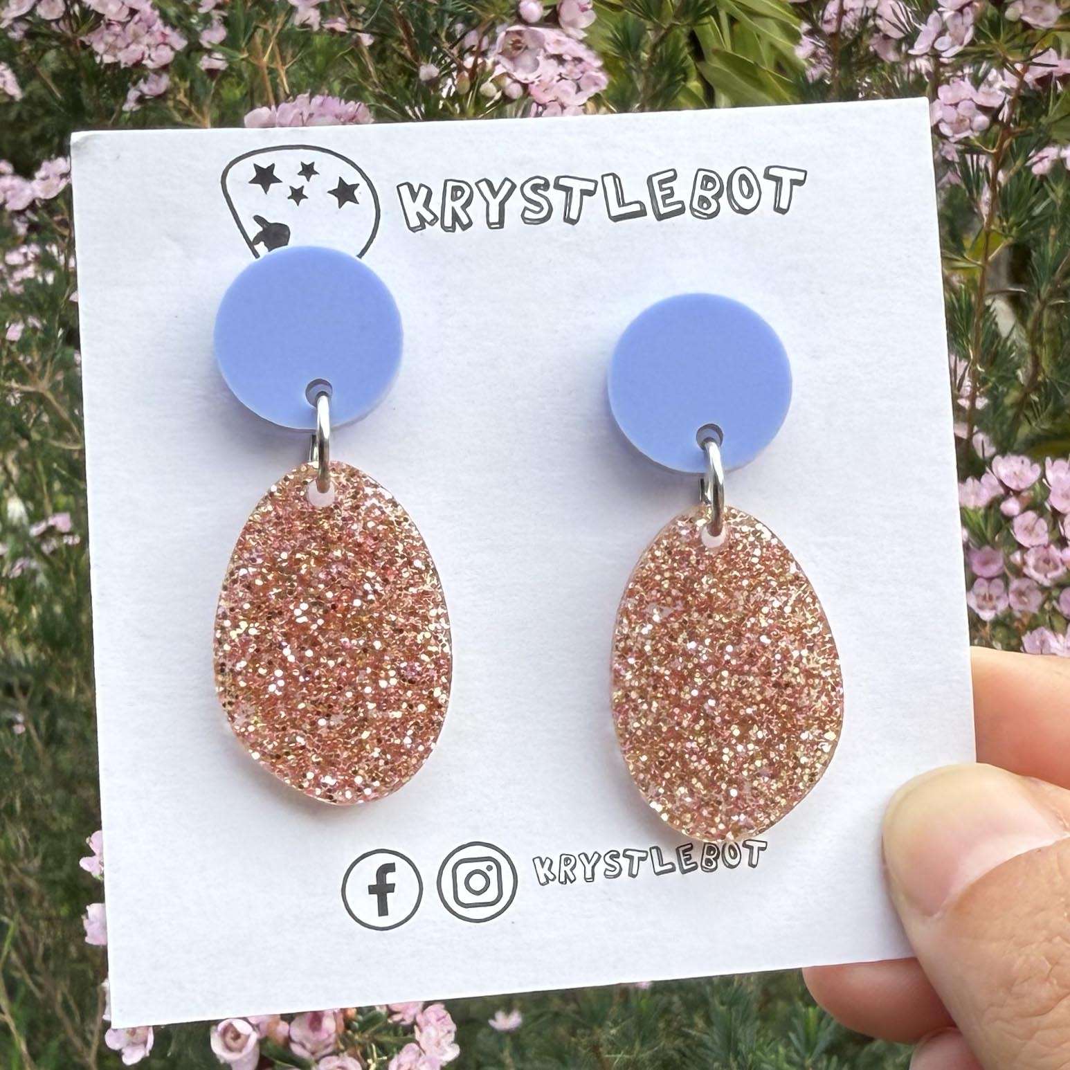 Pink Rose Gold Glitter Oval Statement Dangles with blue circle stud tops, Abstract Oval, Teacher Earrings, Small Earrings