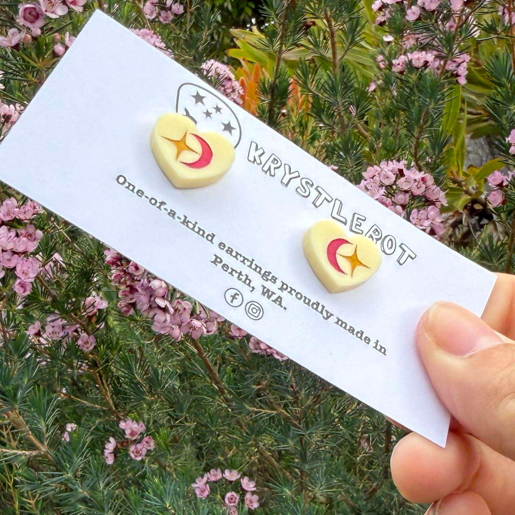 Yellow heart mini star and lunar moon hand painted acrylic earrings, one-of-a-kind, only one made like this