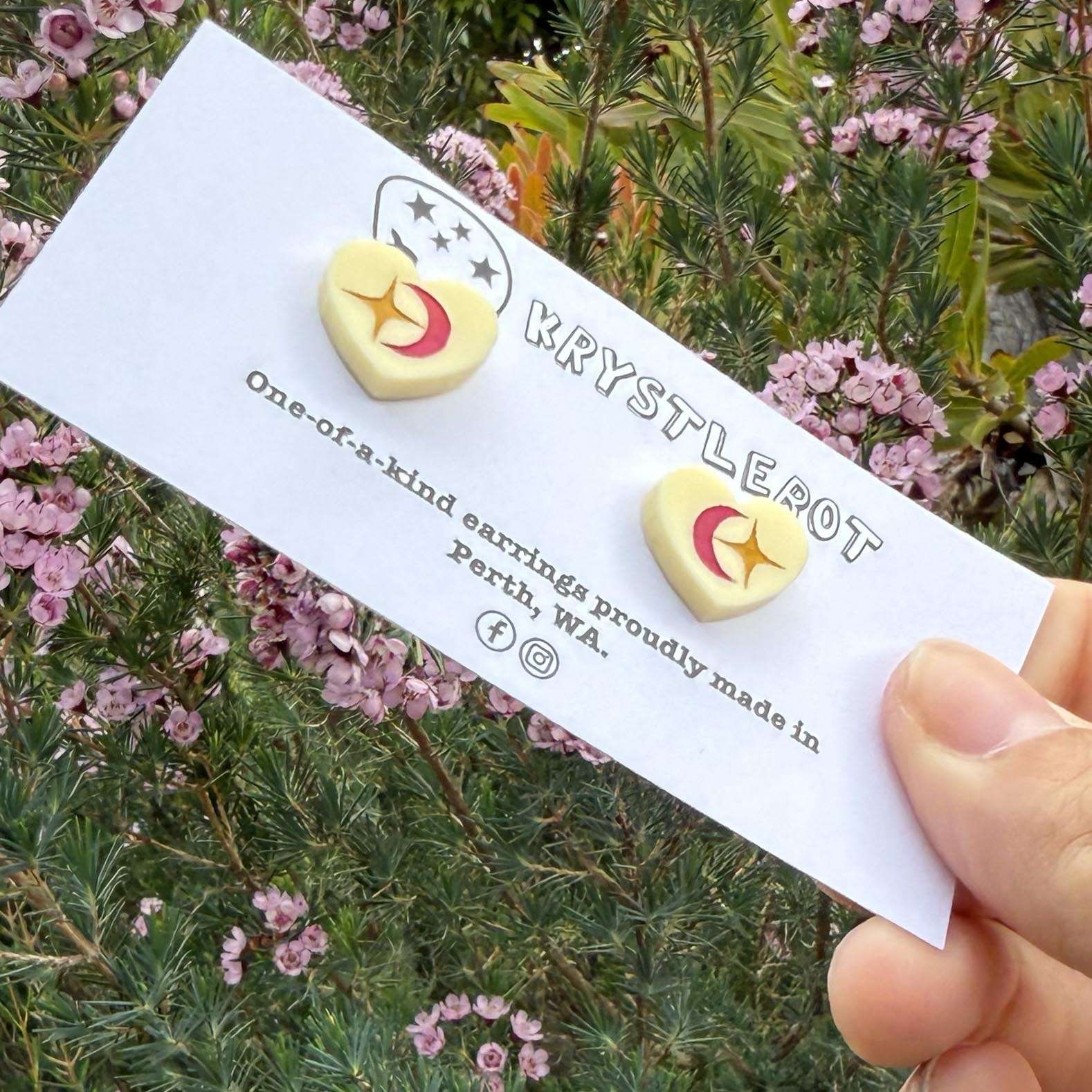 Yellow heart mini star and lunar moon hand painted acrylic earrings, one-of-a-kind, only one made like this