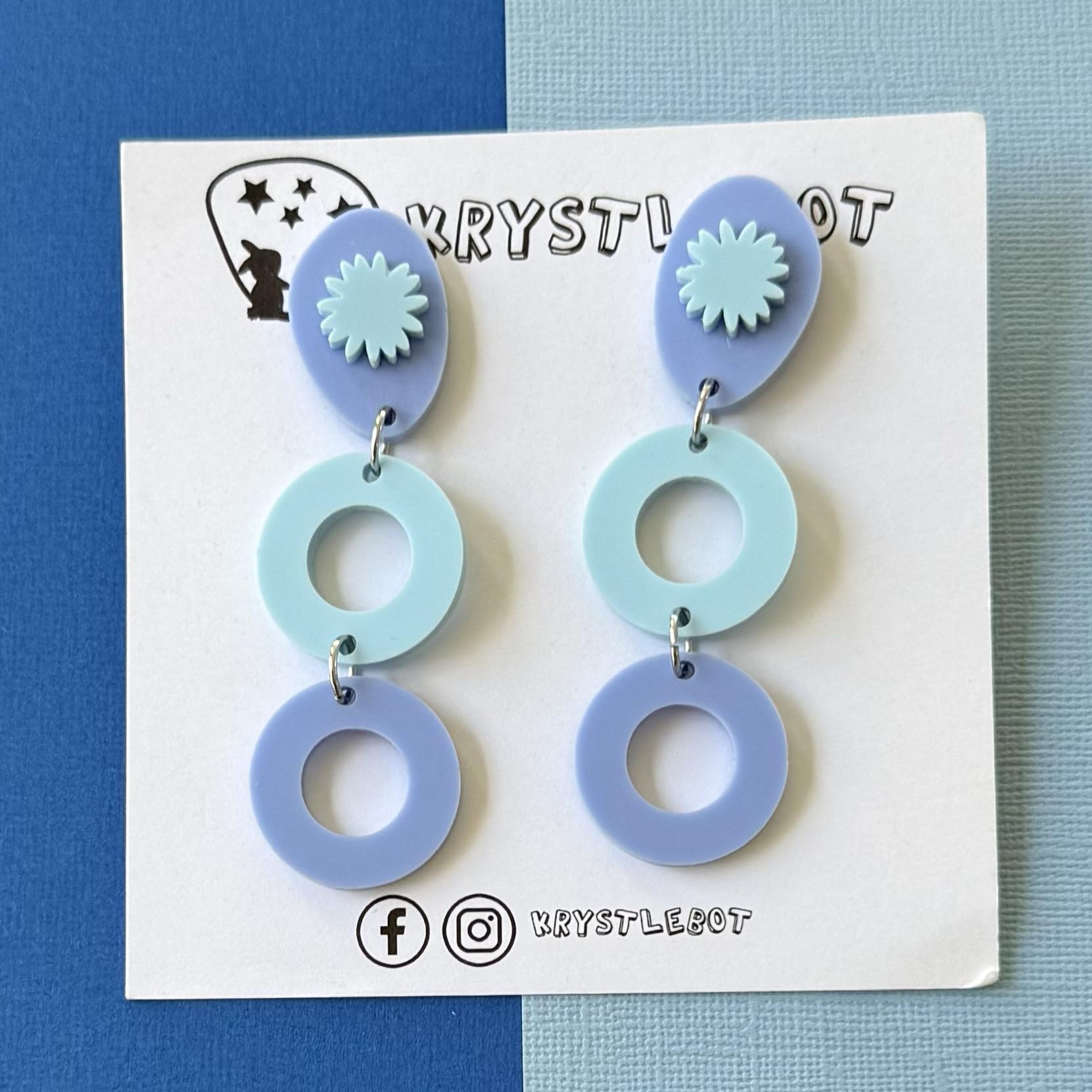 Two toned Blue Oval and Circle starburst dangles, Acrylic earrings, Lightweight dangles,Teacher Earrings