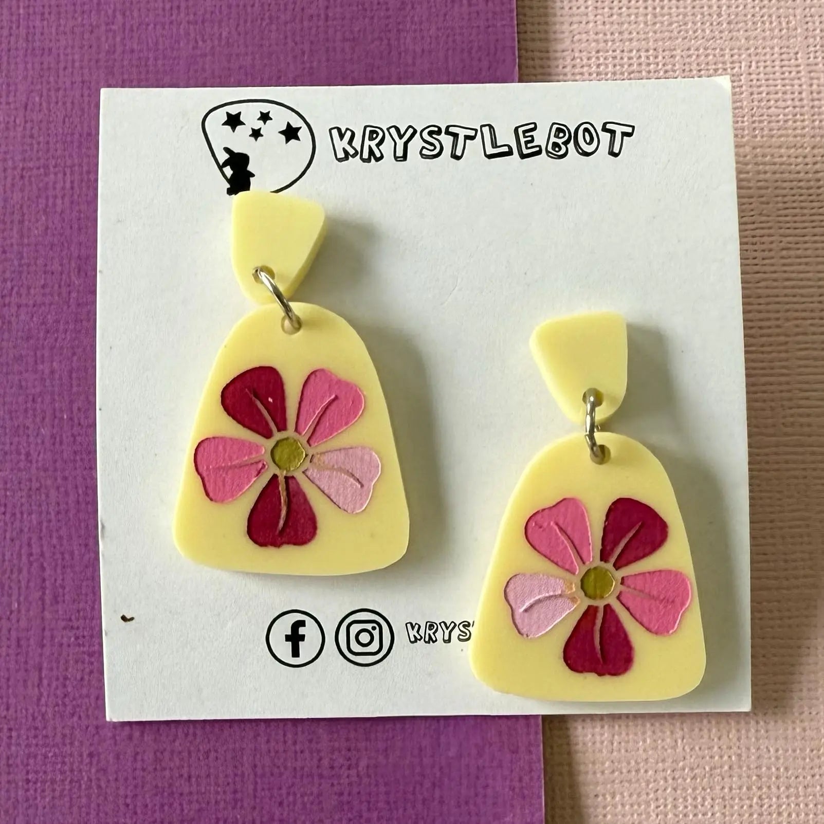 Yellow pink ombré flower Hand Painted Earrings, Lightweight Acrylic Dangles, One-Off
